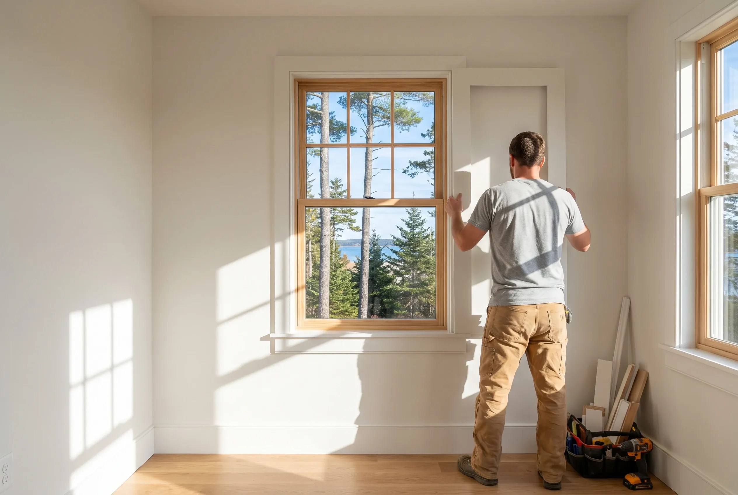 New wood windows installation in Falmouth, Maine: Man standing inside bright room looking out through large wooden-framed window at forest and water view, with toolbelt on floor.