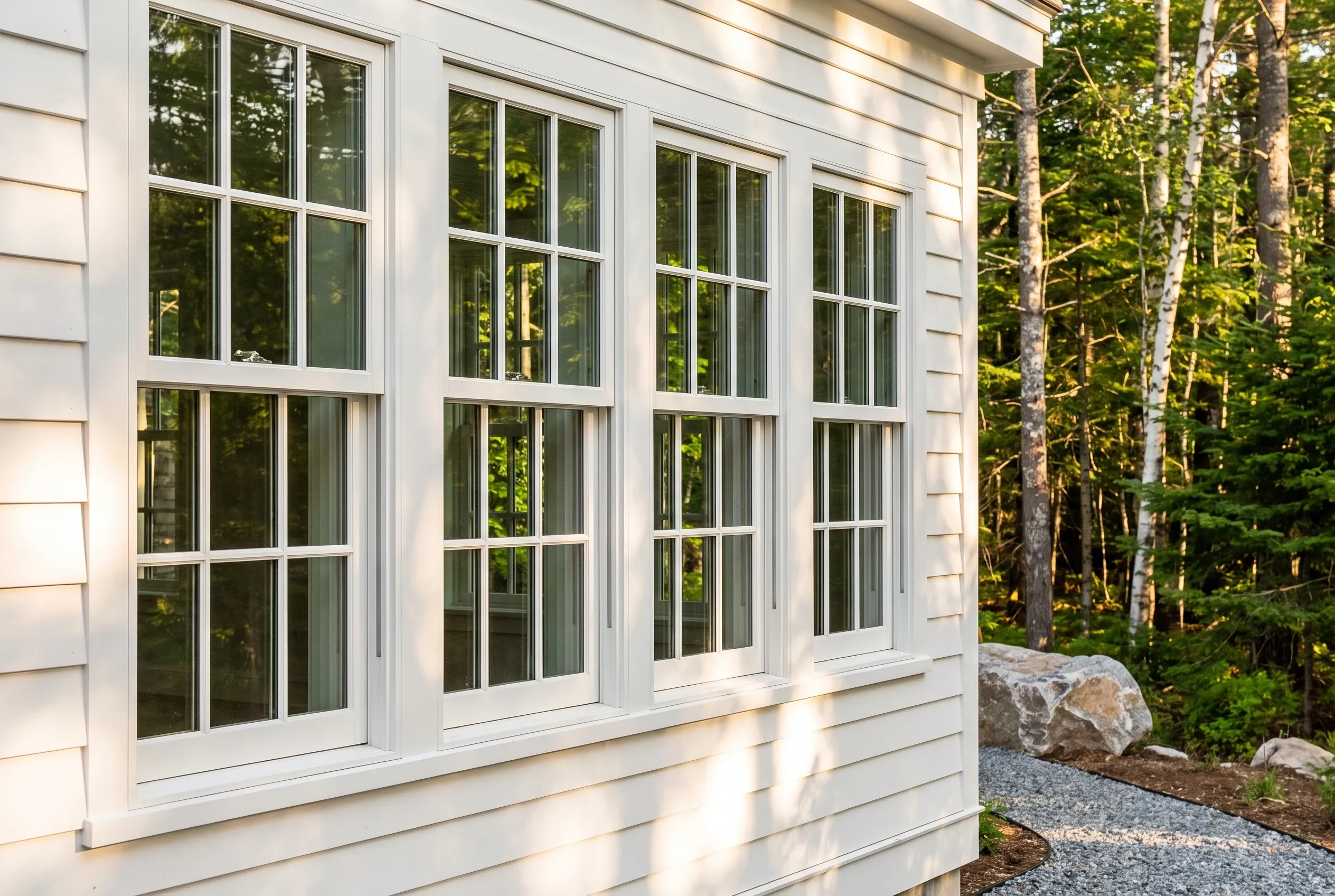 White Windows in Falmouth, Maine: Four white double-hung windows with grids on a white horizontal-sided house with forest and boulders visible in background.