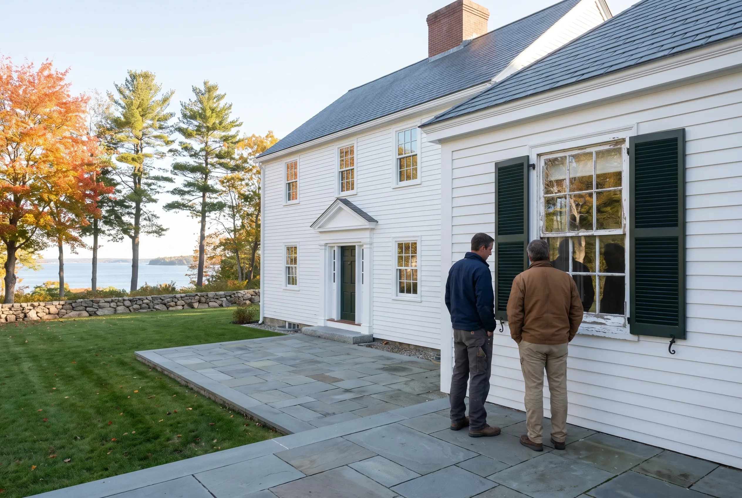 White colonial home in Falmouth, ME: Two men stand on slate patio viewing the rear facade with white siding, green shutters, large windows, and brick chimney. Fall foliage and waterfront visible beyond stone wall.
