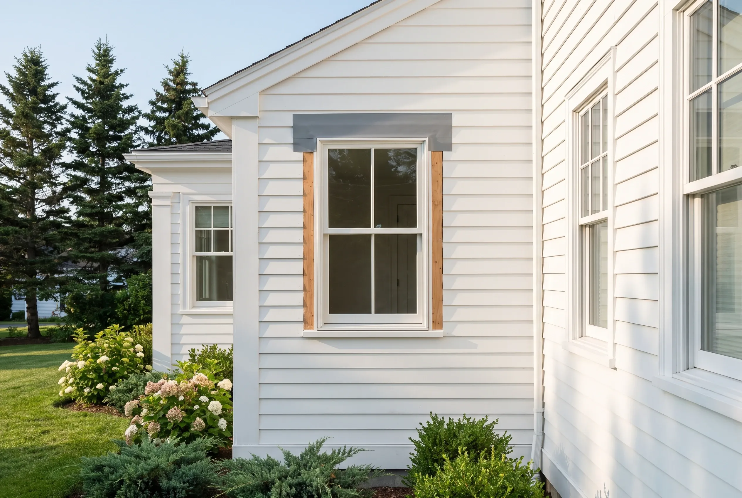 White Colonial in Falmouth, Maine: White single-story cottage with horizontal siding, wood window trim, and gabled roof. Landscaped front yard with flowering shrubs and evergreen trees.