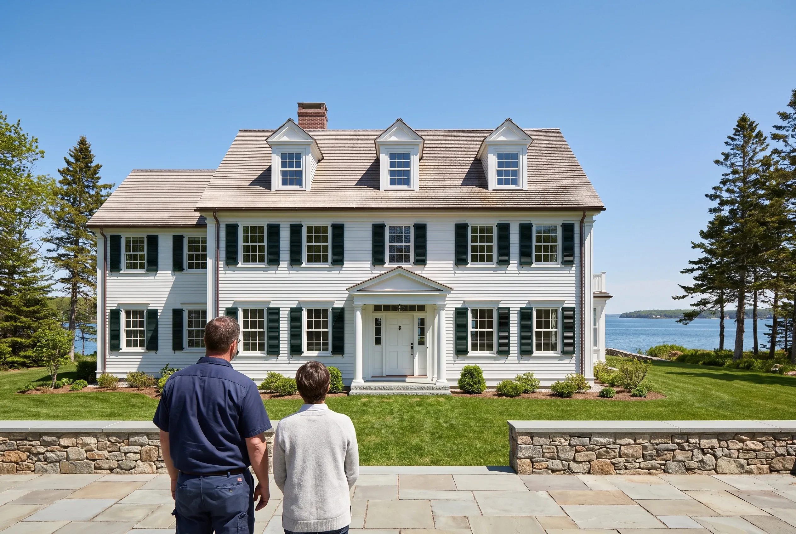 White Colonial in Falmouth, Maine: Two people standing on a patio viewing a two-story white house with black shutters, three dormers, and a brick chimney, surrounded by evergreen trees and water views.