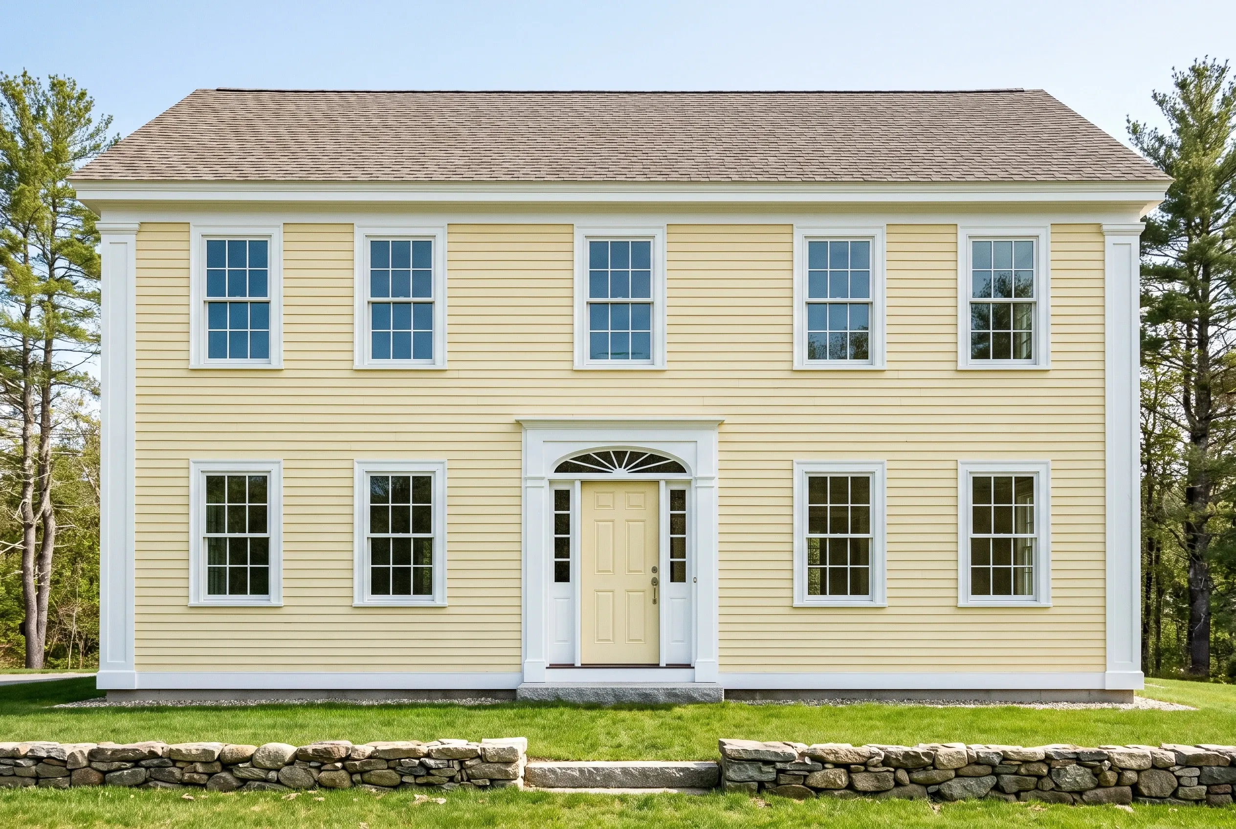 Colonial home in Freeport, ME: Two-story house with pale yellow vinyl siding, white trim and shuttered windows, cream door with fanlight, gray roof, stone foundation wall, surrounded by green lawn and evergreen trees.