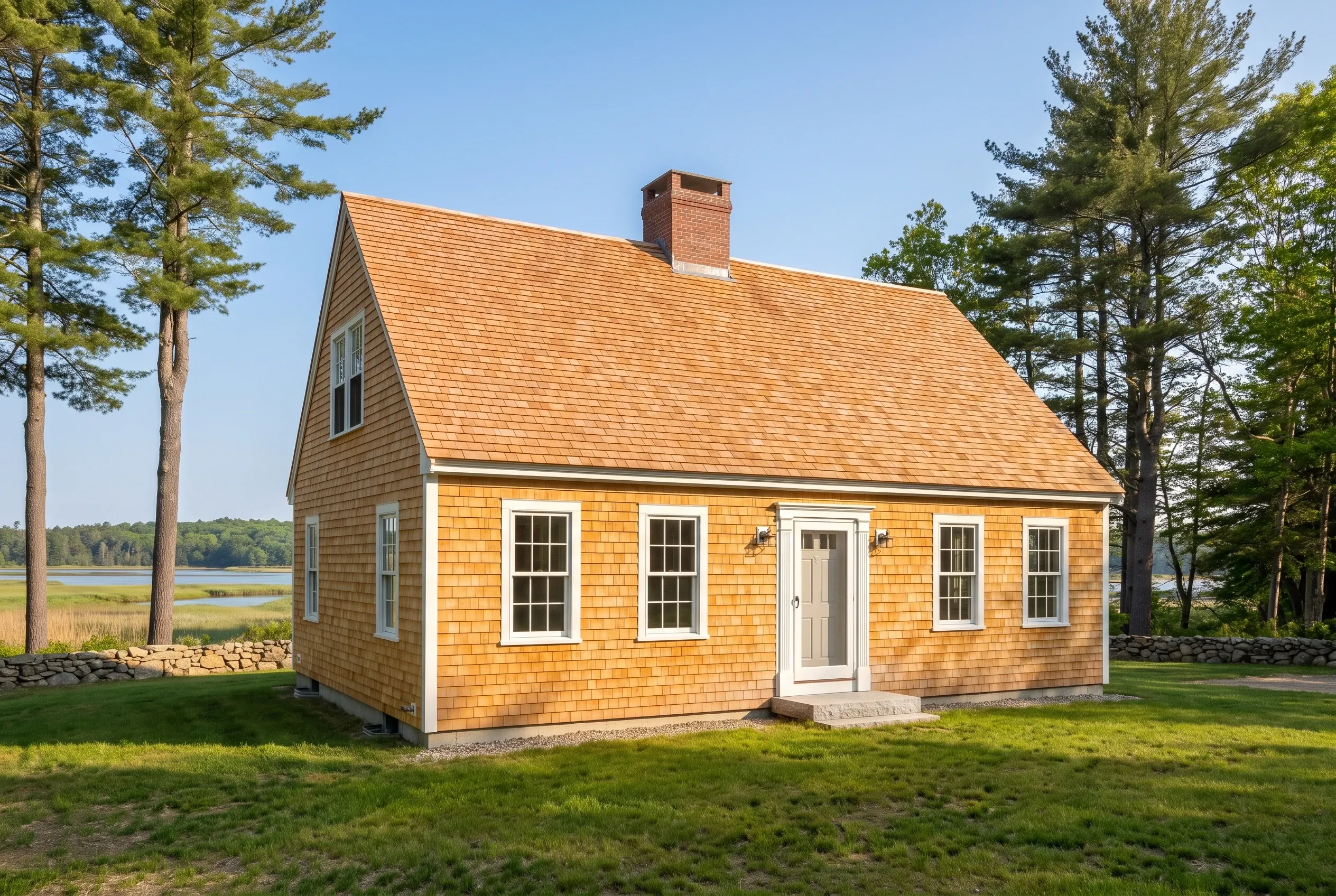 Yellow cedar shake cottage in Freeport, ME: Small single-story house with golden wood shingle siding, white-trimmed windows and door, orange roof with brick chimney, surrounded by tall pines and green lawn overlooking water.