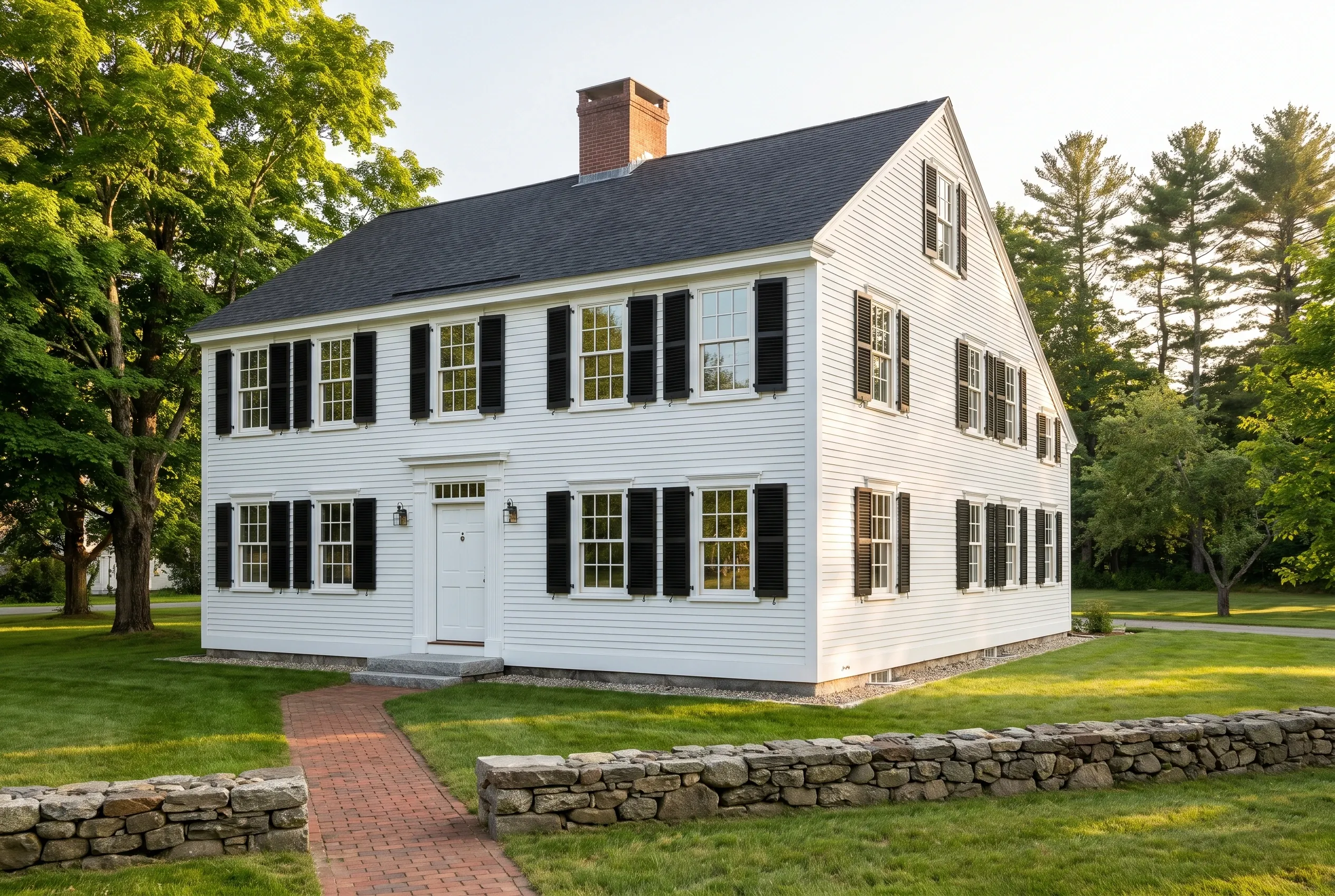 Window replacement in Freeport, ME: White two-story colonial house with black shutters, dark roof, brick chimney, surrounded by trees and stone walls.