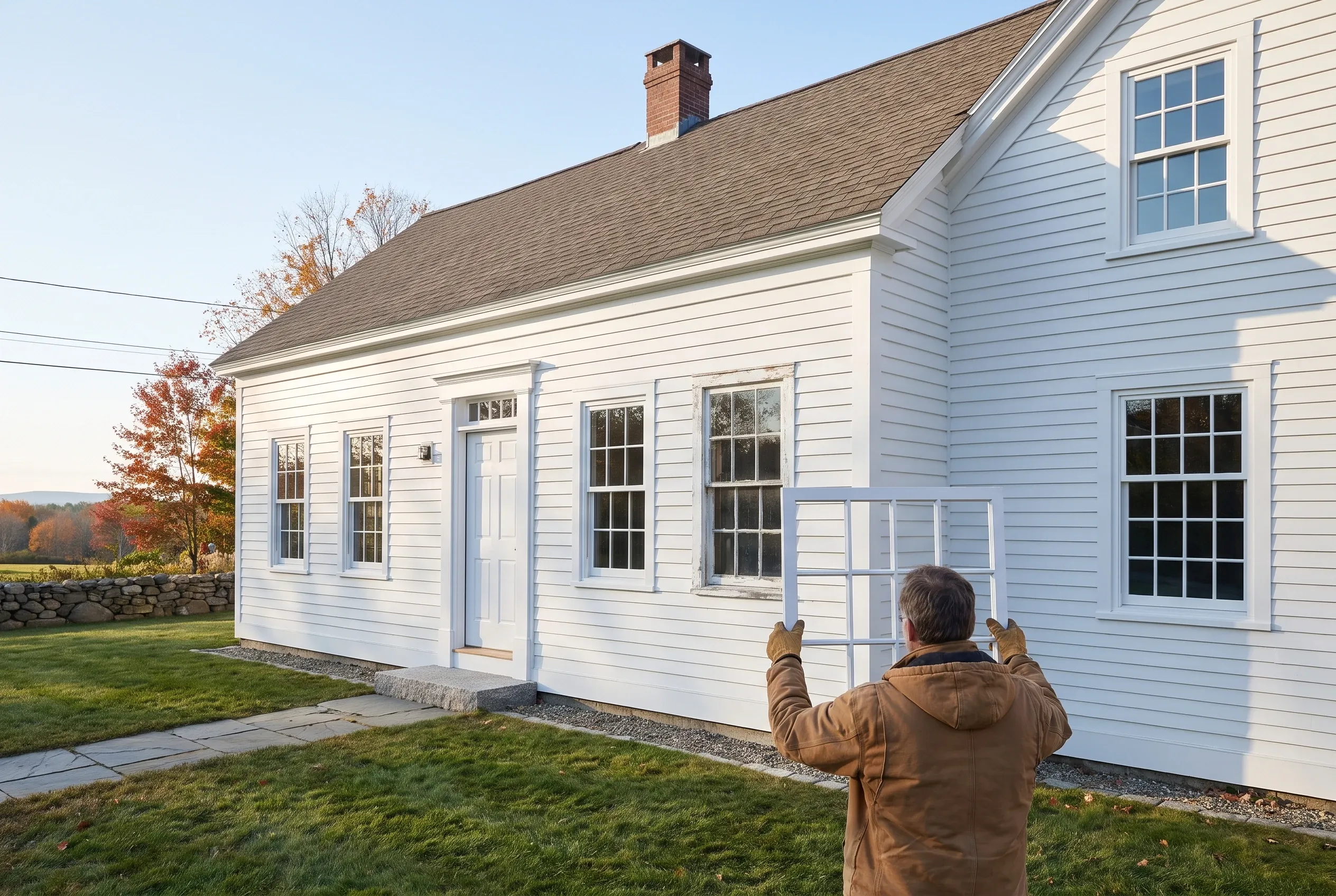 White cape-style house in Freeport Maine: Person from behind holding up a window frame against white-sided house with blue trim, brick chimney, and gray roof.