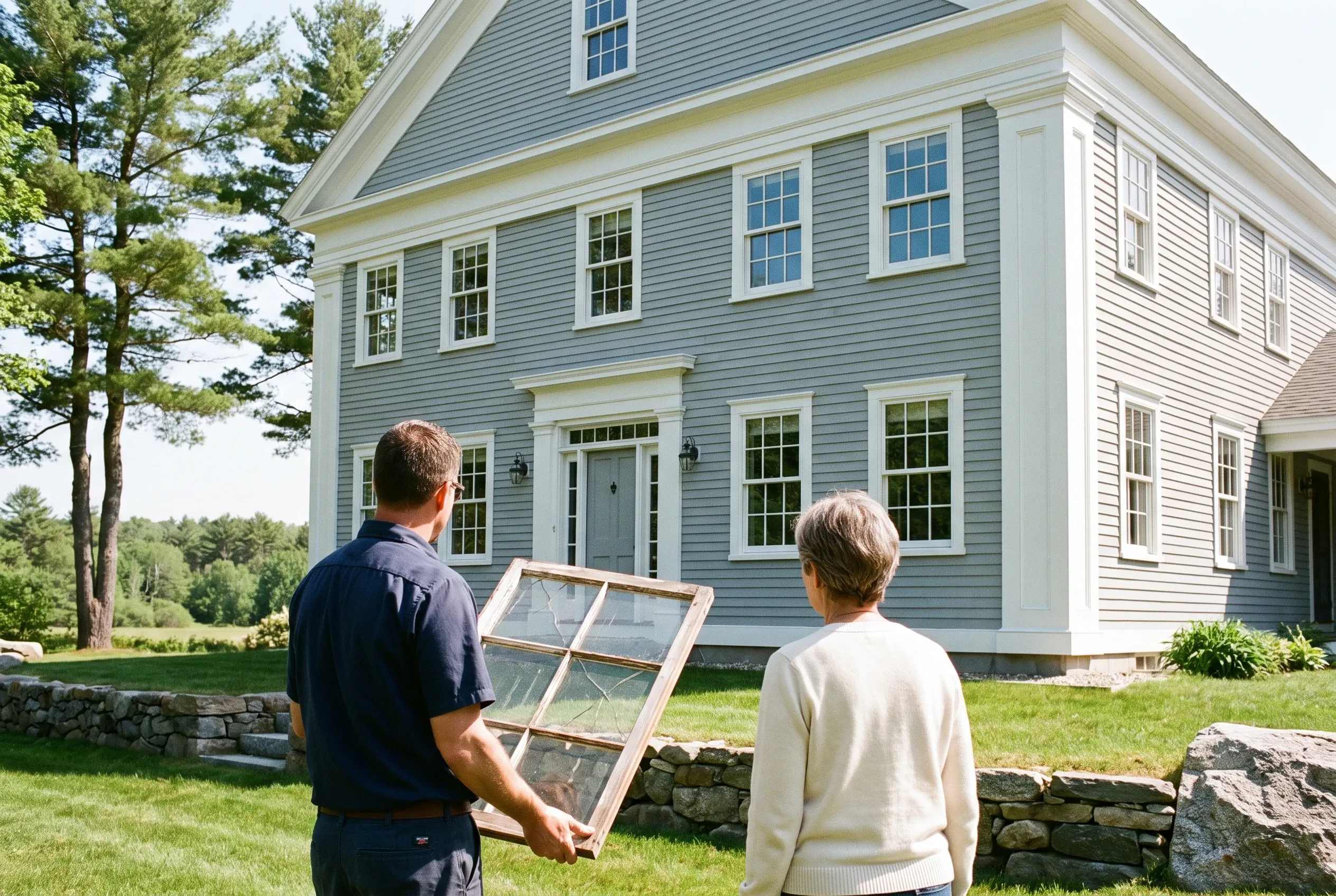 Blue Colonial Home Window Replacement: Two people examining a window frame in front of a two-story blue and white colonial house with white trim and gabled roof in Freeport, Maine.
