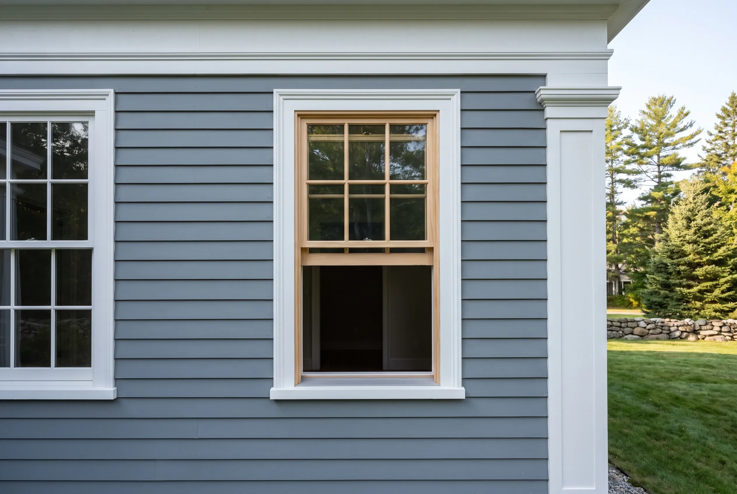 Modern home with new windows in Freeport ME: Gray horizontal siding with white trim, double-hung and casement windows with wood frames, white roof trim, evergreen trees and lawn in background.