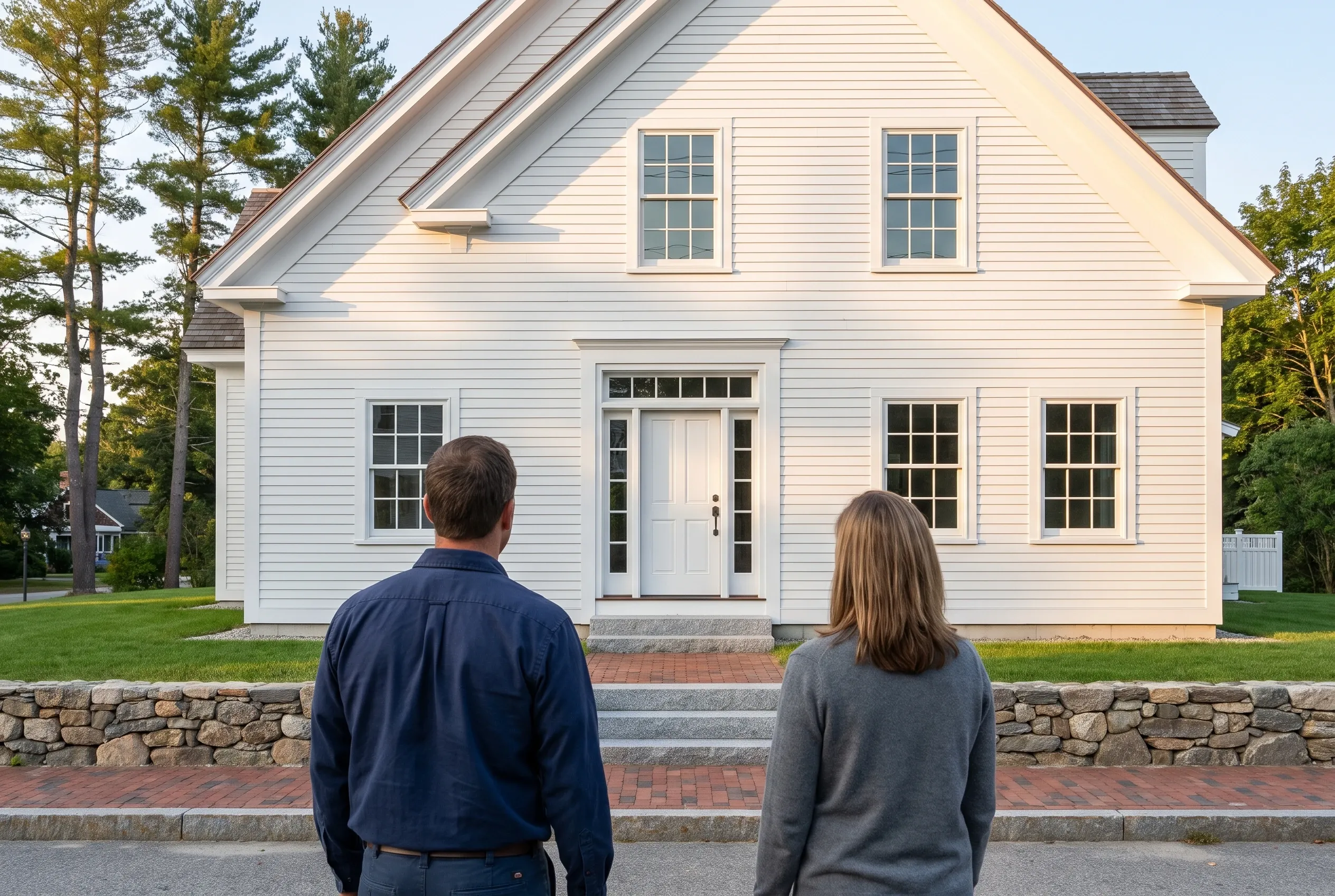 White colonial home in Freeport, Maine: Two people stand facing a two-story white house with horizontal siding, black-trimmed windows, white front door, pitched roof, brick walkway, and stone foundation wall.