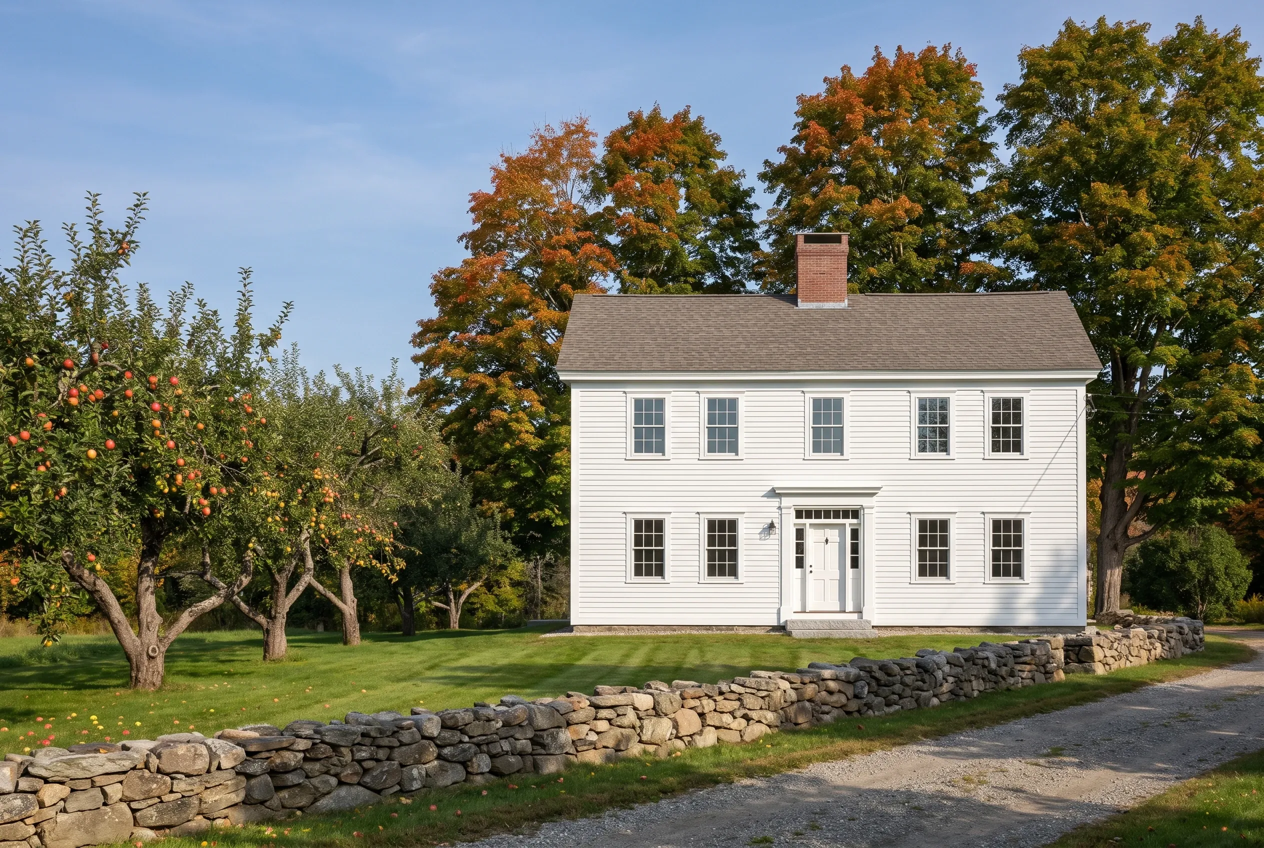 White colonial house in Gorham, ME: Two-story white vinyl-sided home with gray roof, brick chimney, multiple windows, stone foundation wall, surrounded by lawn and autumn trees.