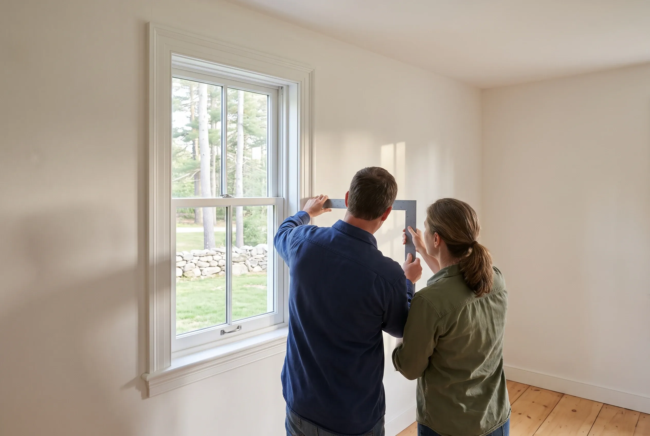 Window Installation in Gorham, Maine: Two people measure and install a new double-hung window in a room with cream walls and wood flooring, with trees visible outside.