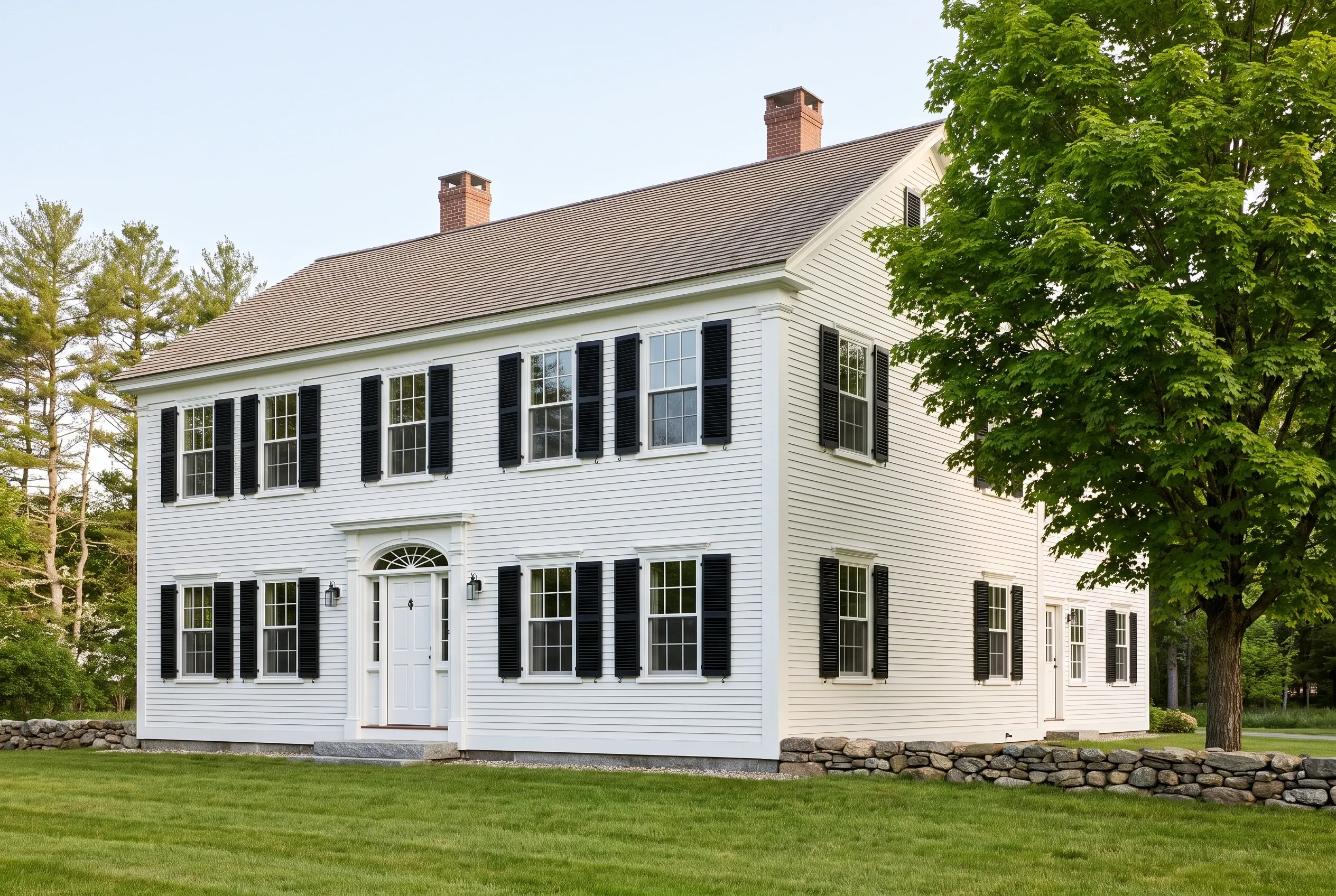 Window replacement in Gorham, ME: Two-story white colonial house with black shutters, white trim, gray roof, two chimneys, stone foundation, surrounded by green lawn and trees.