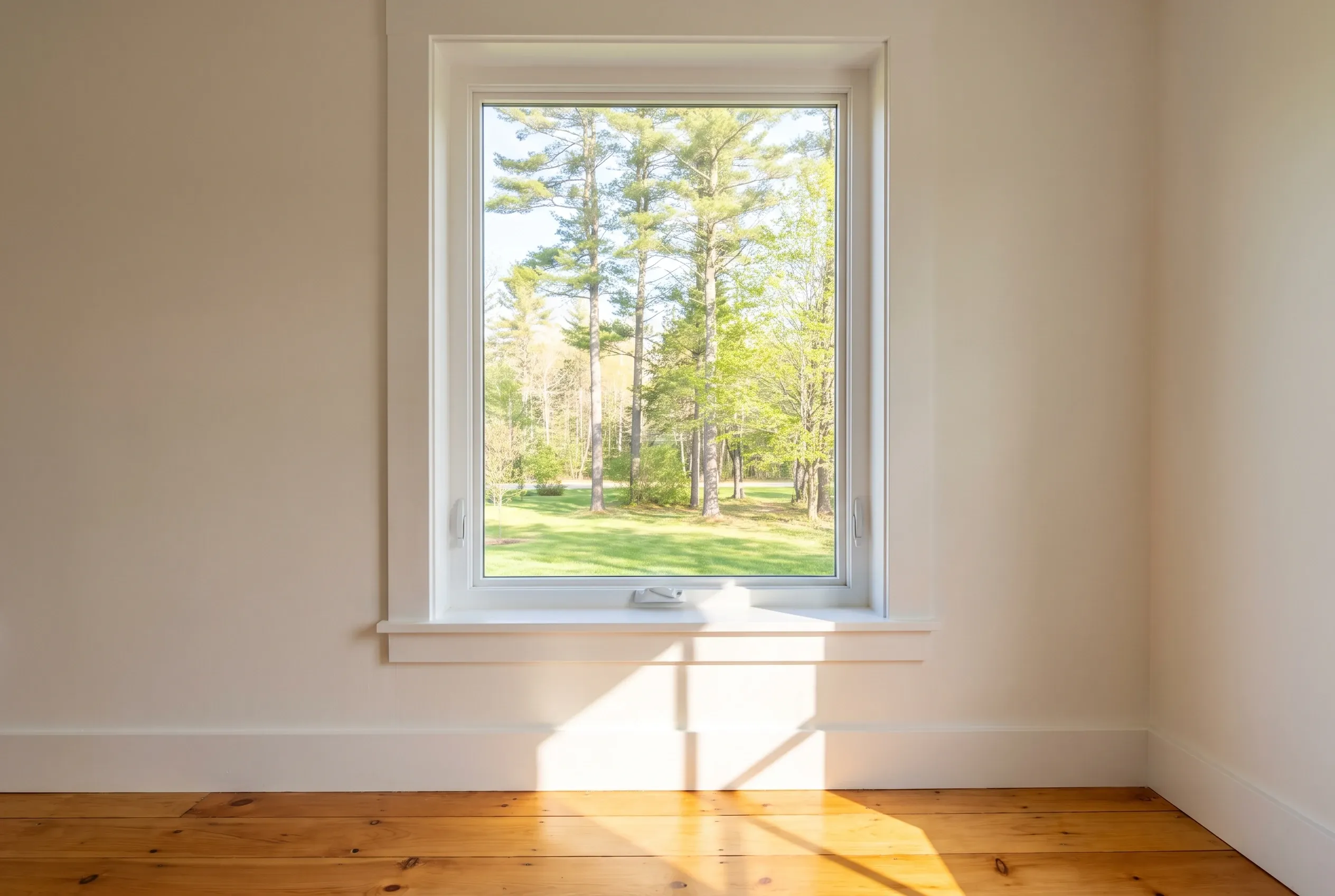 Interior view of new window in Gorham, ME: Empty room with wooden floor, cream walls, and large window framing evergreen trees and green lawn outside.