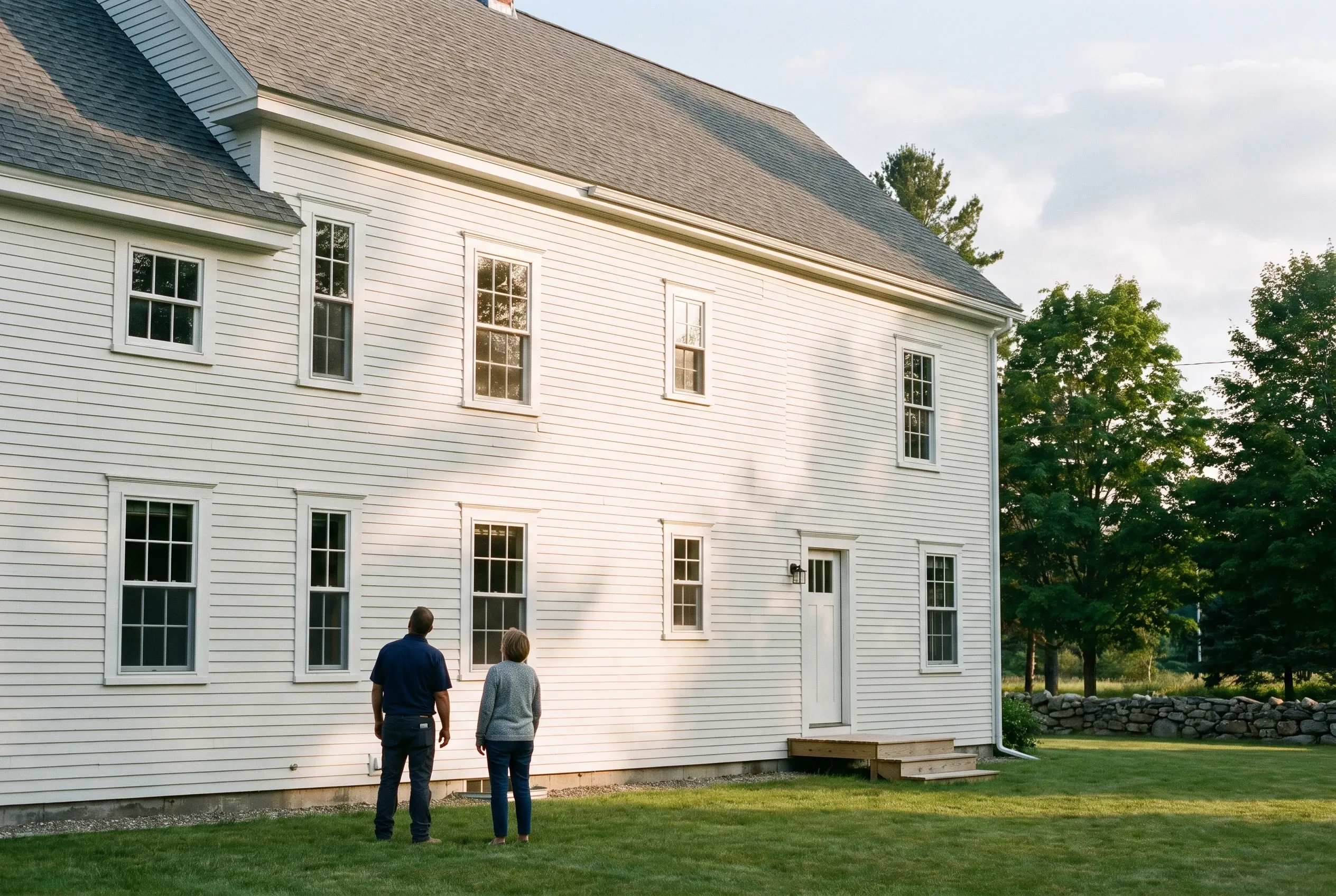 White Colonial Home in Gorham Maine: Two people standing on lawn viewing white sided two-story colonial house with multiple windows, white trim, dark roof, and stone wall in background.