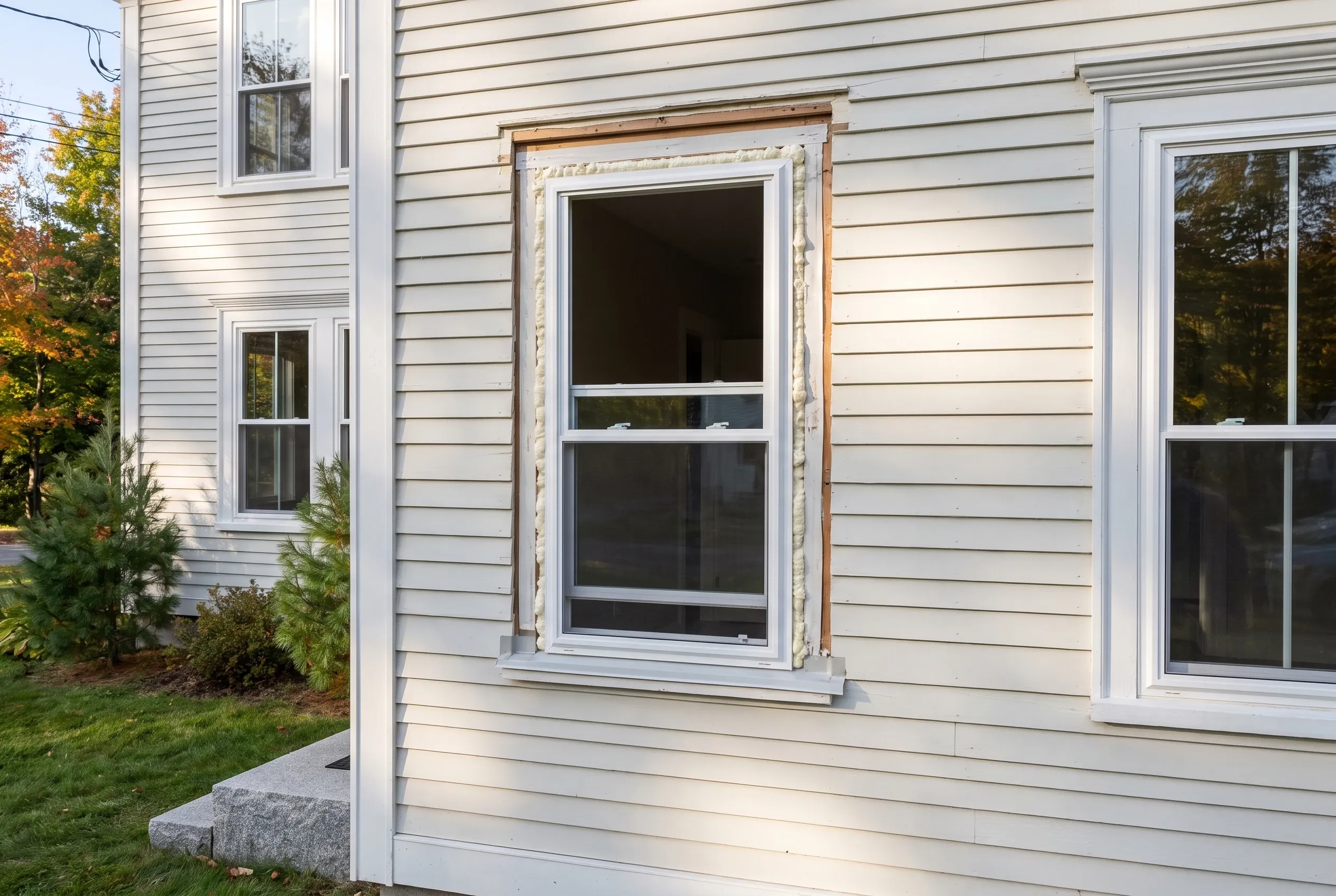 Window replacement on white colonial, Gorham ME: White vinyl-sided house with new replacement windows and wooden trim around center window, autumn foliage visible.