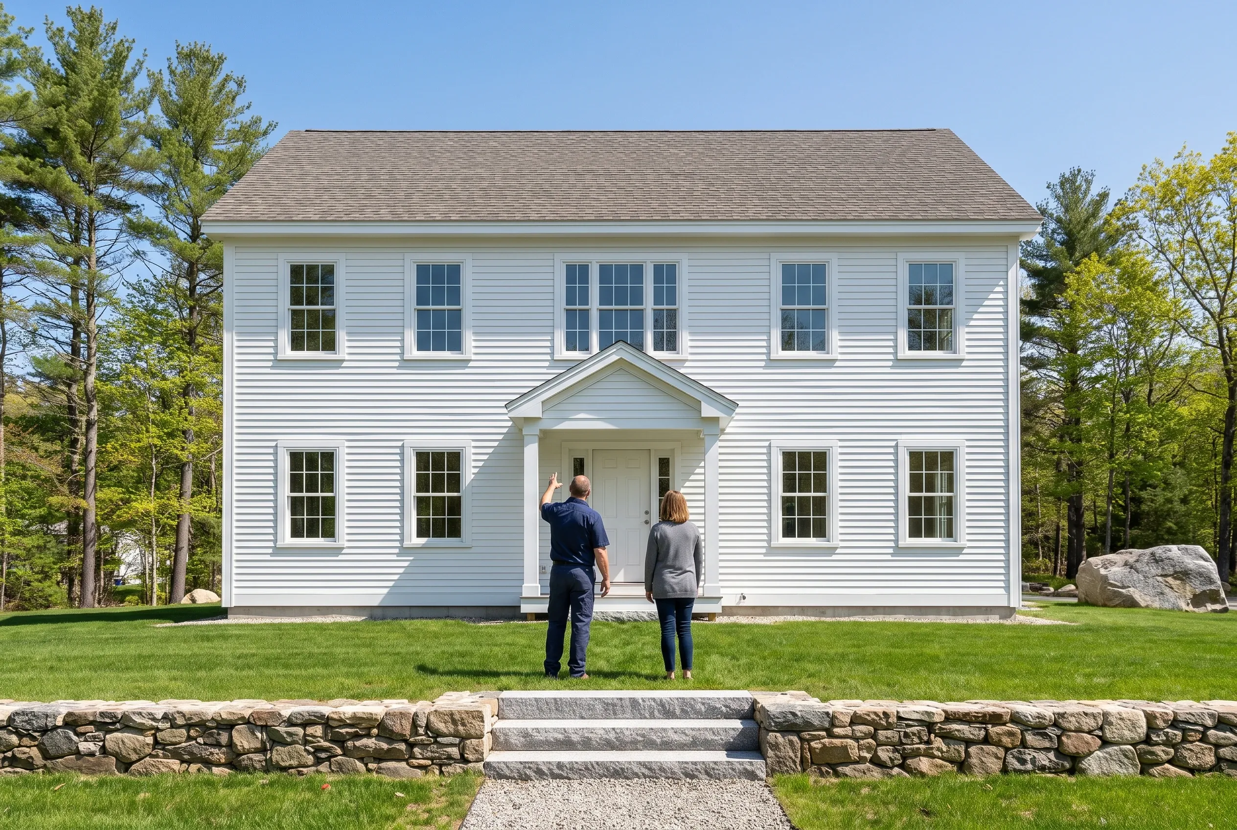 Colonial home in Gorham Maine: White two-story house with horizontal siding, dark roof, multiple windows, and covered entry portico. Two people stand on gravel walkway facing the front door. Stone wall and landscaped lawn in foreground, evergreen trees surrounding property.