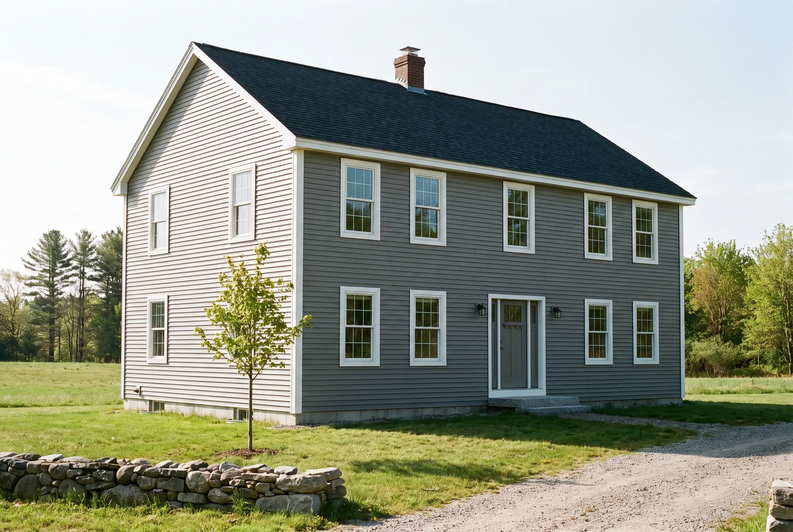 Re-sided colonial in Gorham, Maine: Two-story house with white and gray horizontal siding, white-trimmed windows, dark roof, brick chimney, on gravel driveway in open field with trees.