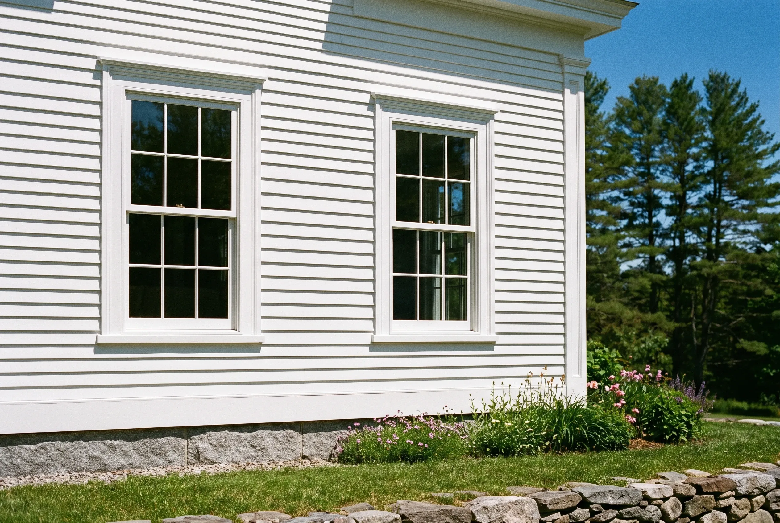 White vinyl sided home in Gorham Maine: White horizontal-sided house with two white-trimmed double-hung windows, green shutters, stone foundation, flowering plants along base, evergreen trees in background.