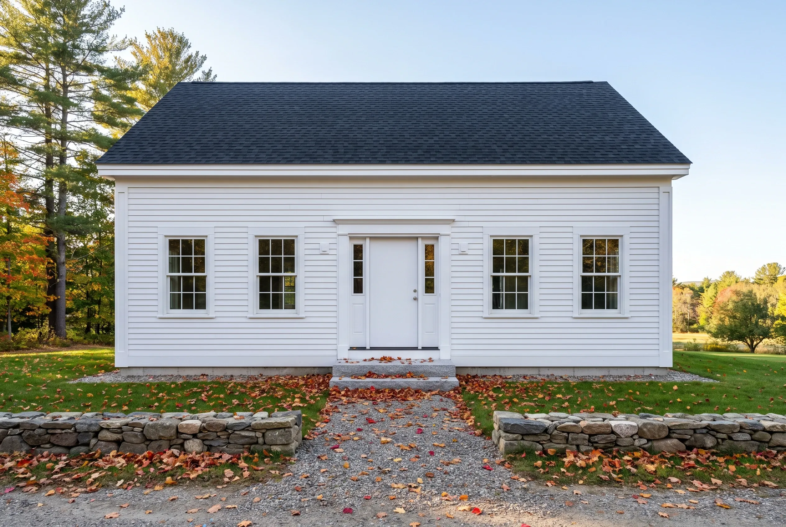 White Cape Cod in Gray, ME: Single-story white house with dark roof, white trim, four large windows with dark frames, white double doors, gravel walkway, stone foundation walls, fall foliage, evergreen trees.
