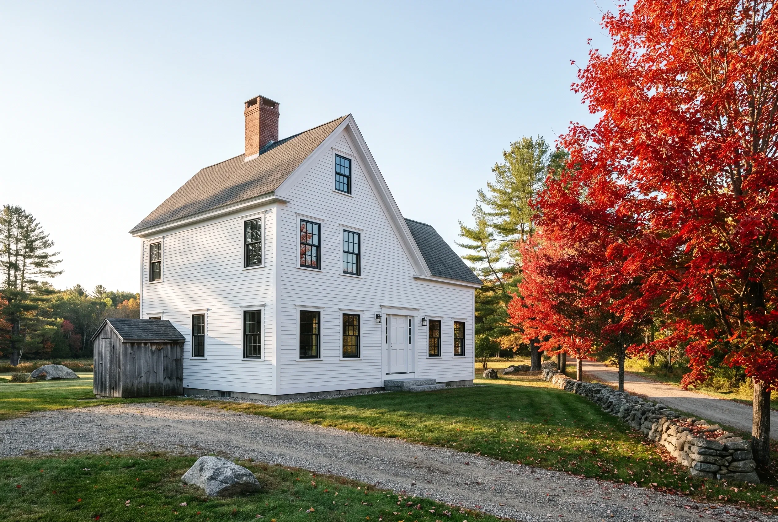 White Colonial in Gray, Maine: Two-story white house with black roof, brick chimney, and multiple windows surrounded by fall foliage and stone wall.