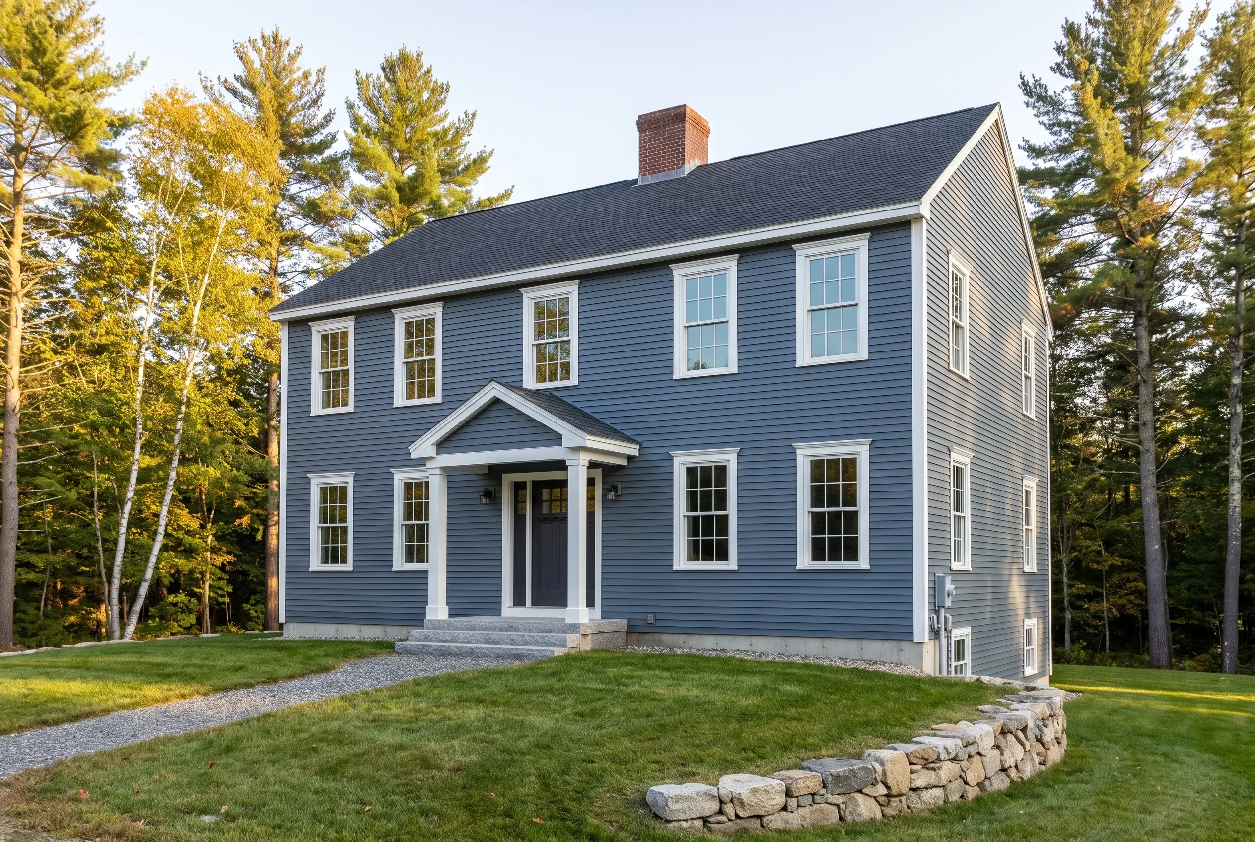 Window replacement in Gray, ME: Two-story blue colonial house with white trim and dark roof surrounded by evergreen and birch trees with green lawn.