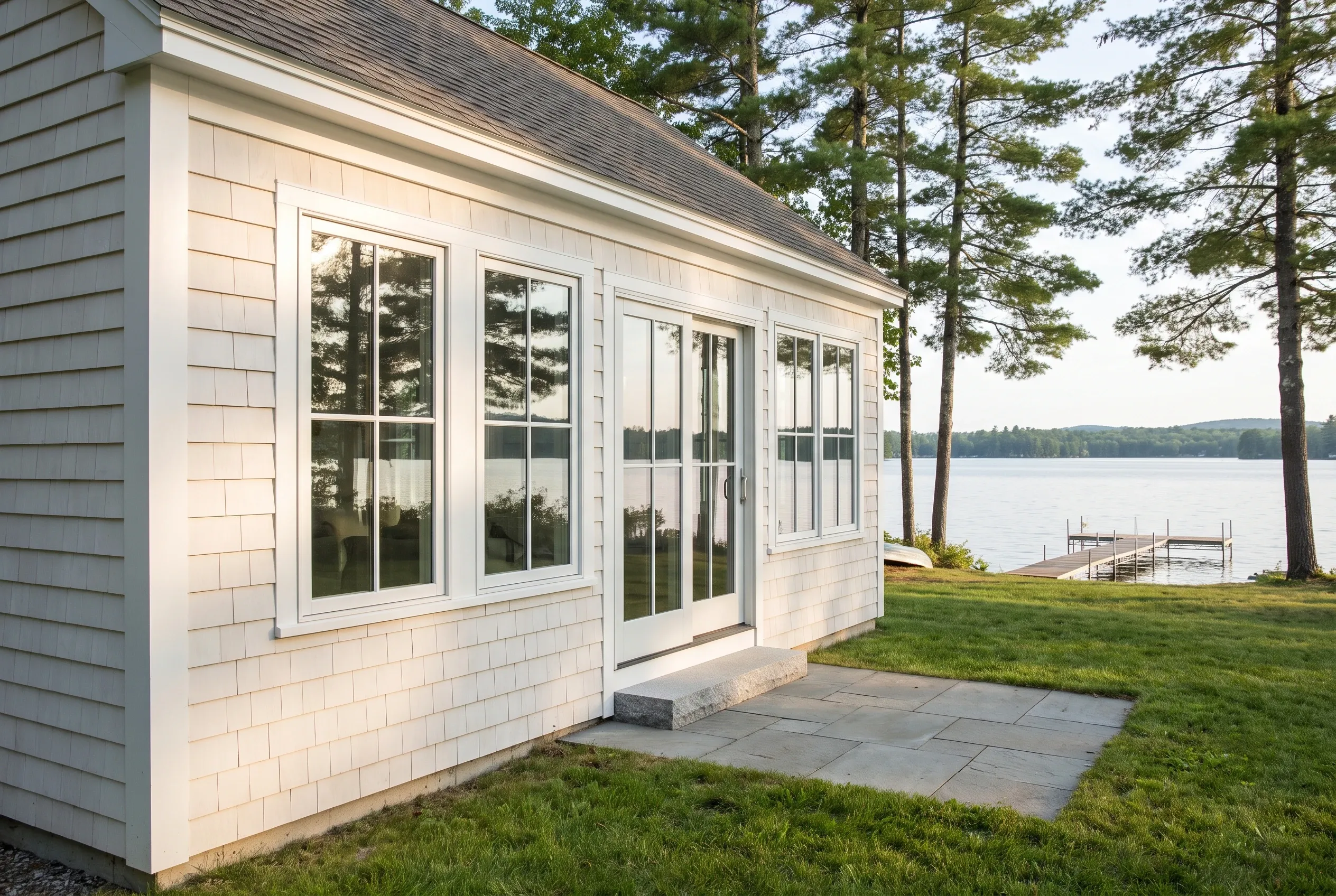 Waterfront cottage in Gray, Maine: Cream-colored shingle-sided addition with white trim and multiple white French doors overlooking a lake and pine trees.