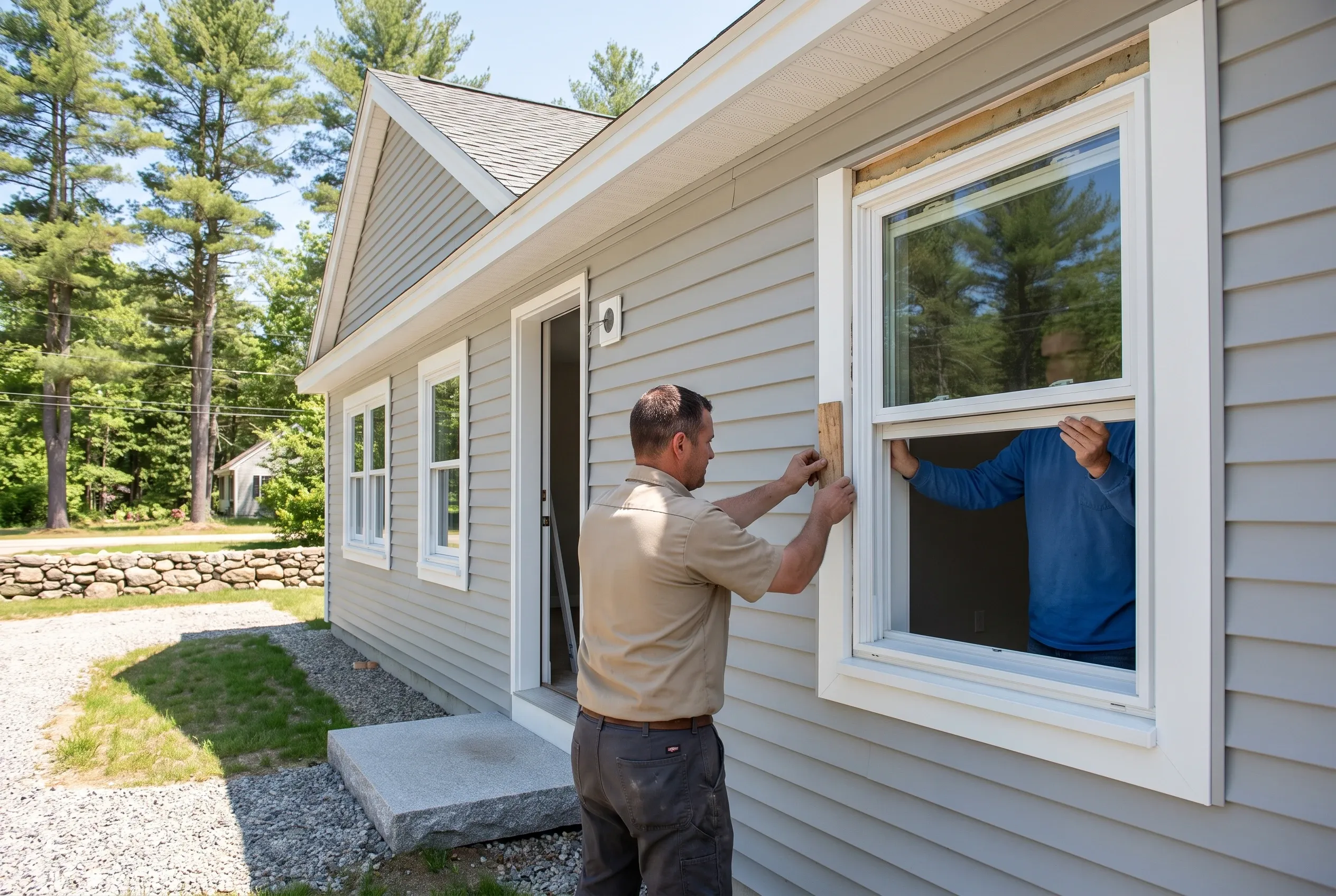 Window Installation in Gray Maine: Man installing new window on light gray sided house with white trim and peaked roof, surrounded by pine trees.