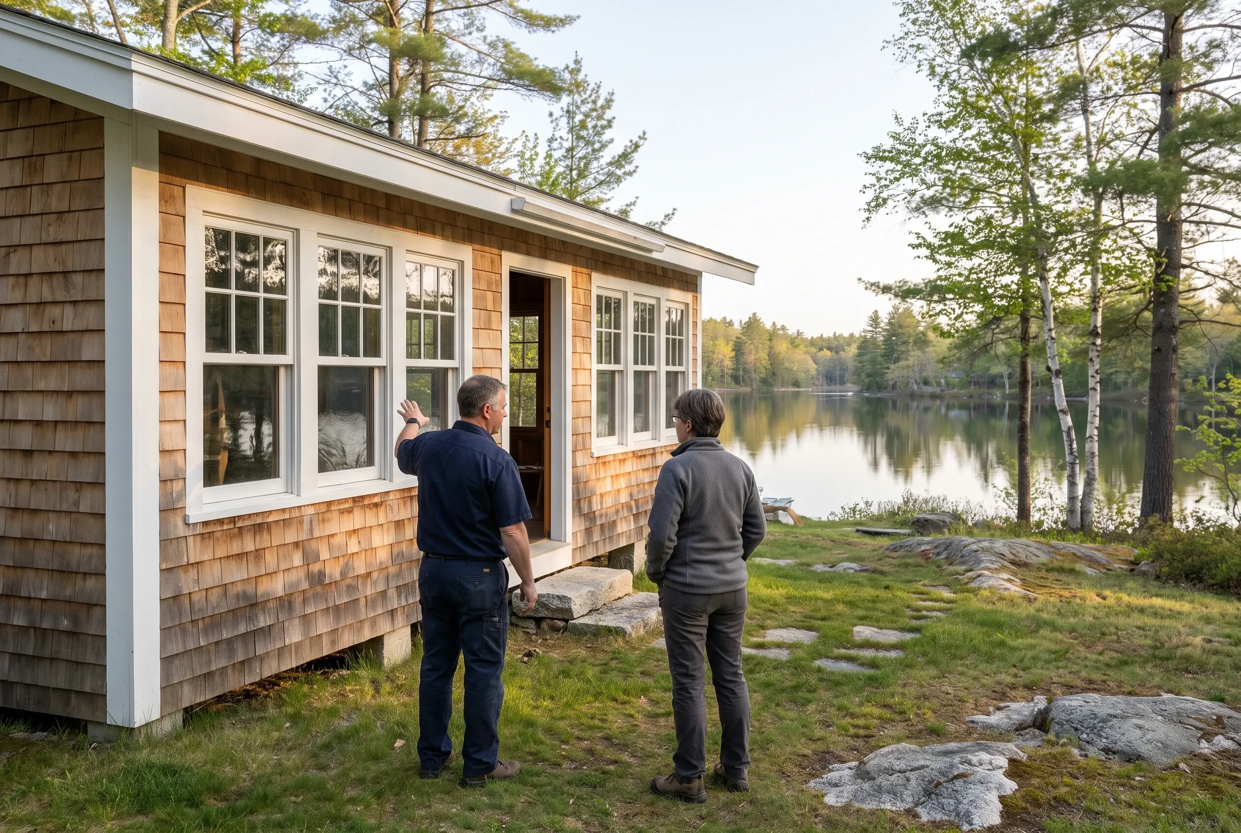 Lake cottage window consultation in Gray, ME: Man in navy shirt and woman in dark jacket stand outside cedar-shingled cottage with white-trimmed windows, looking at lakefront property with evergreen trees and calm water in background.