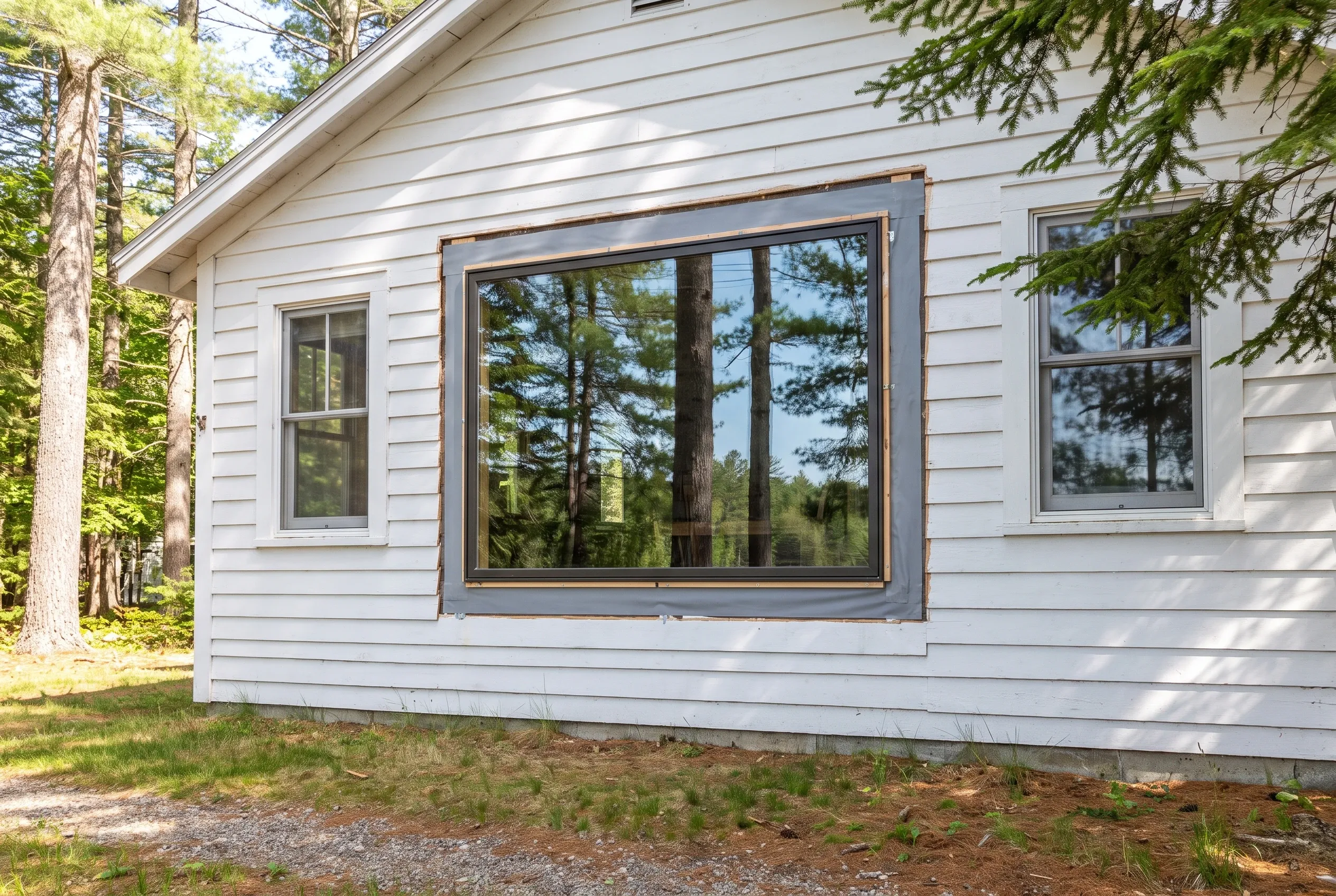 Gray Maine home with new windows: Single-story house with white horizontal siding, large picture window with bronze frame, smaller windows, surrounded by pine trees and lawn.