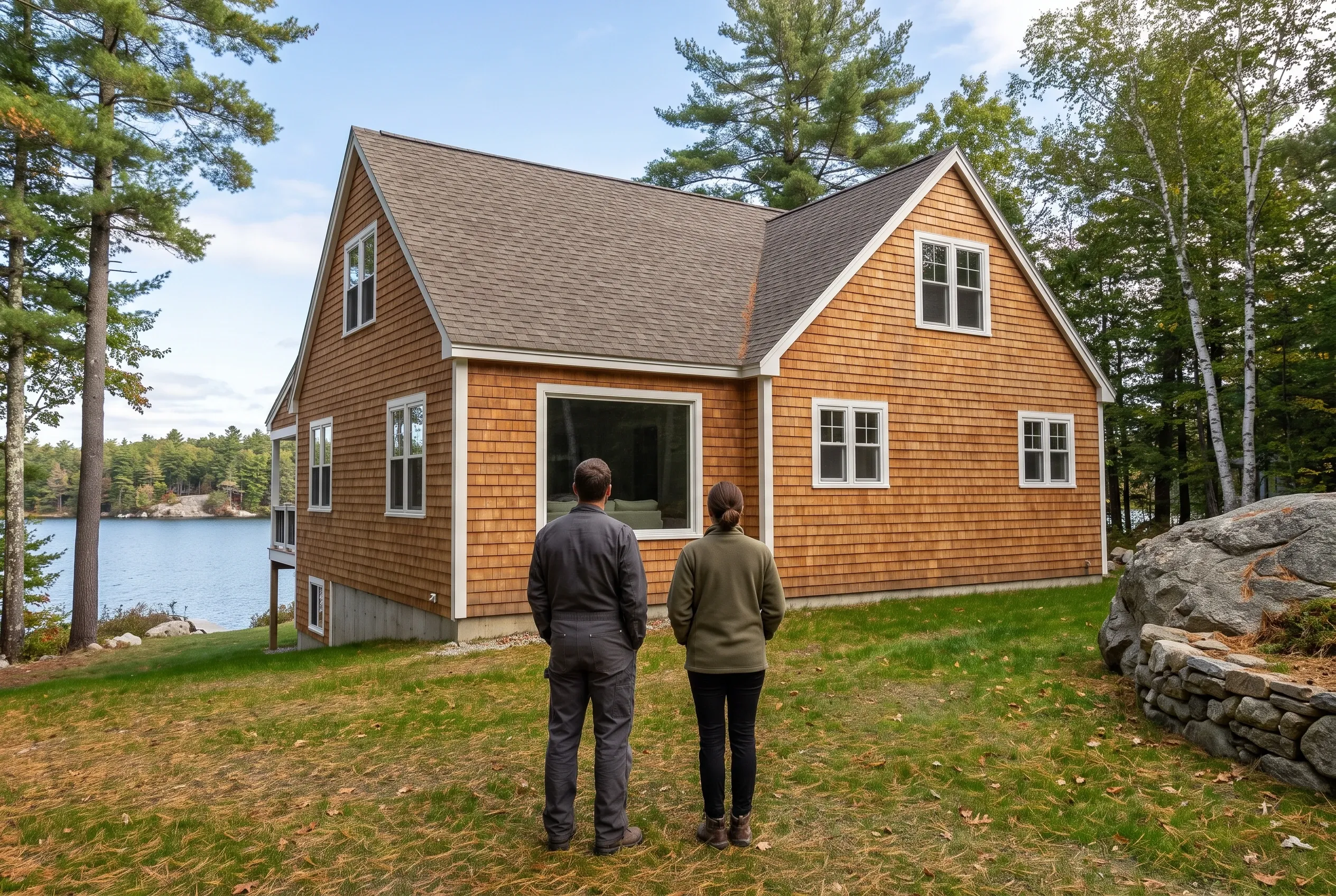 Cedar shake cottage in Gray, ME: Two people standing in yard facing orange-brown cedar shake sided house with white trim and gray roof, lake and trees visible behind.