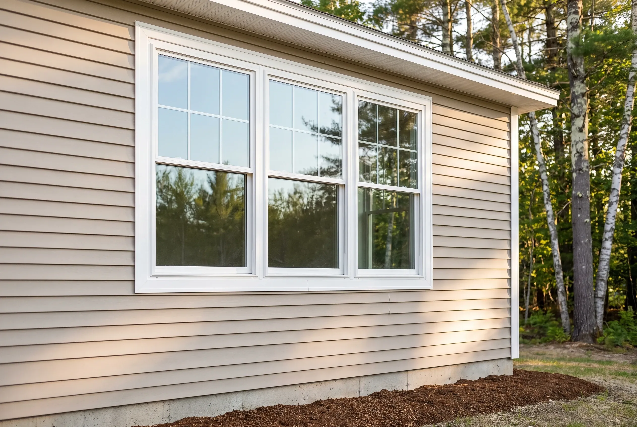 New residential windows in Gray, Maine: Three white-framed double-hung windows on a tan vinyl-sided house with white trim against a wooded backdrop.