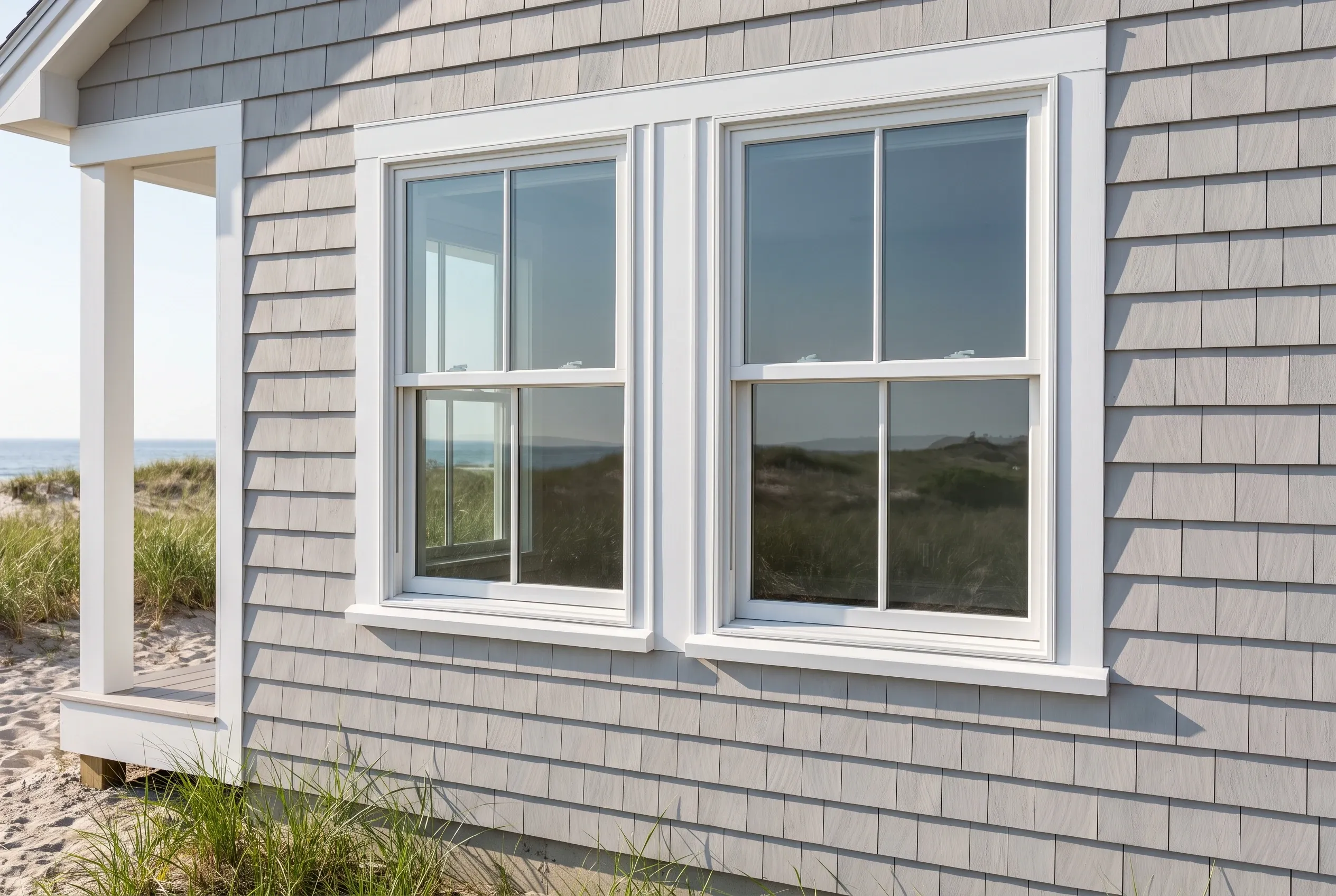 Beachfront cottage with new windows in Kennebunk, ME: Gray shingle-sided house with white-trimmed double-hung windows overlooking sandy beach and dunes.