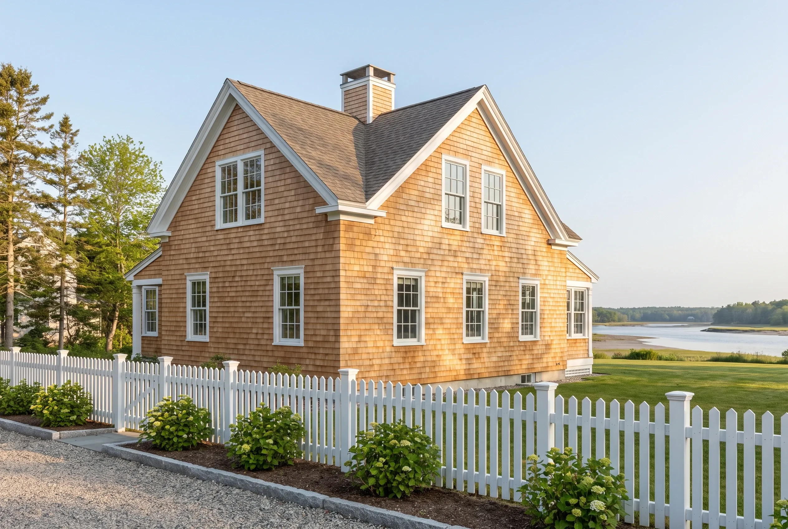 Cedar shake home in Kennebunk, ME: Two-story house with golden brown cedar shingle siding, white trim, and dark roof with cupola. White picket fence surrounds property overlooking water and evergreen trees.