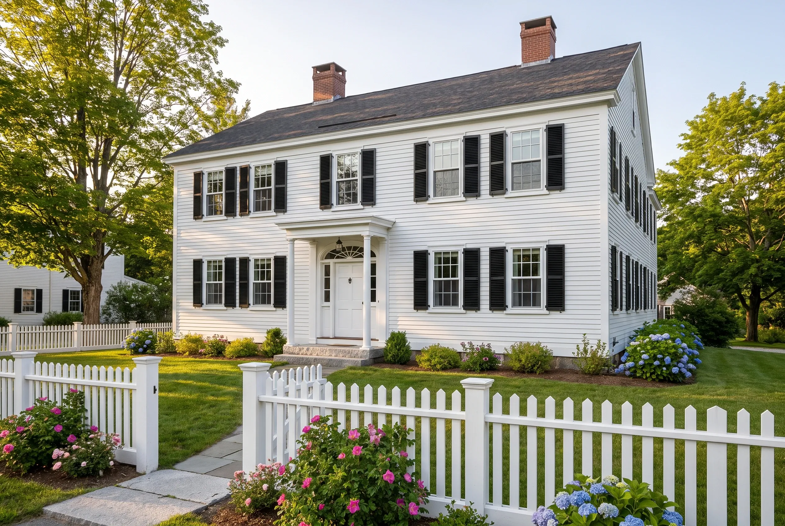 Window replacement in Kennebunk, ME: White two-story colonial home with black shutters, white trim, brick chimneys, and dark roof surrounded by white picket fencing and flowering shrubs.