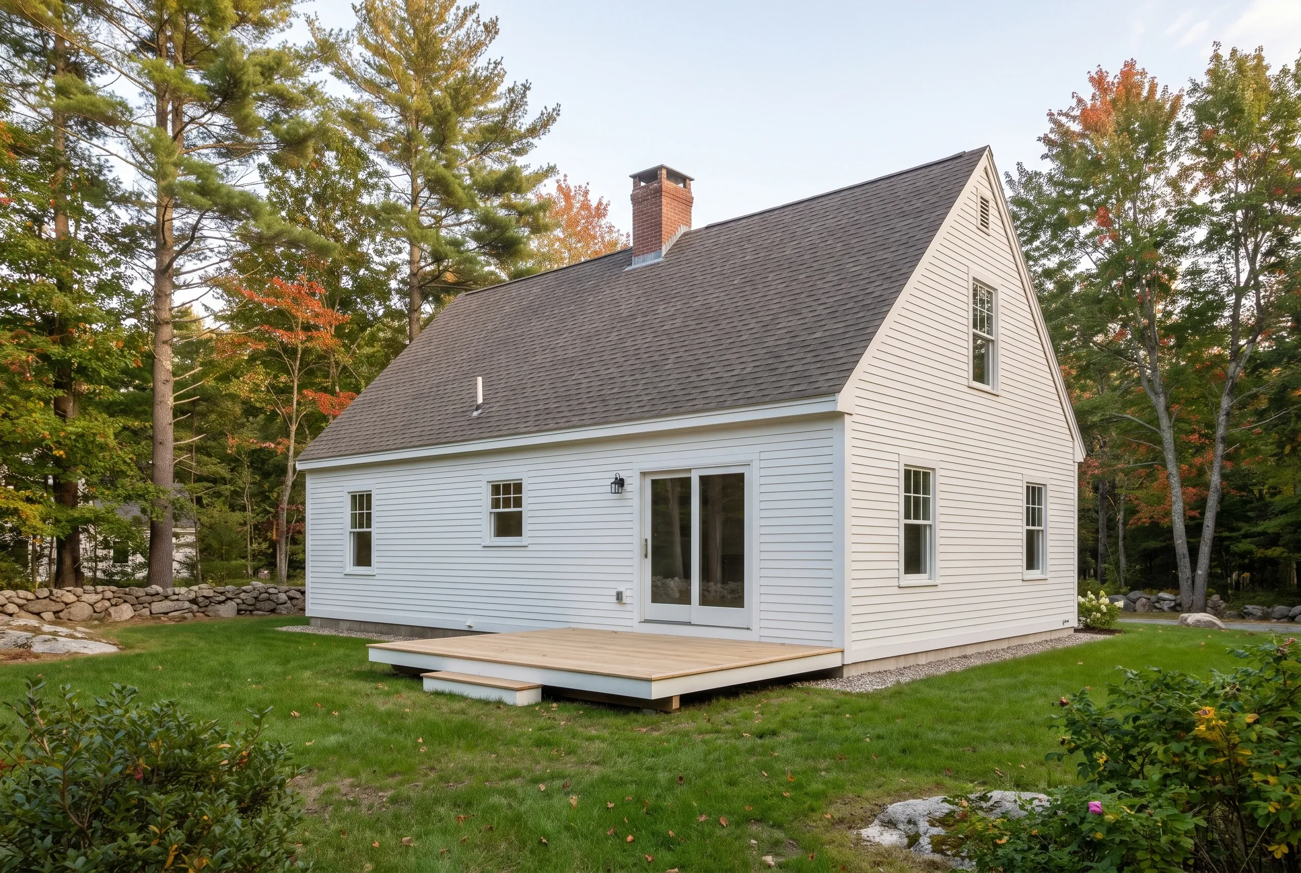 White Cape Cod home in Kennebunk, ME: Single-story white-sided house with dark gray roof and brick chimney surrounded by evergreen and deciduous trees, wooden deck addition on rear.