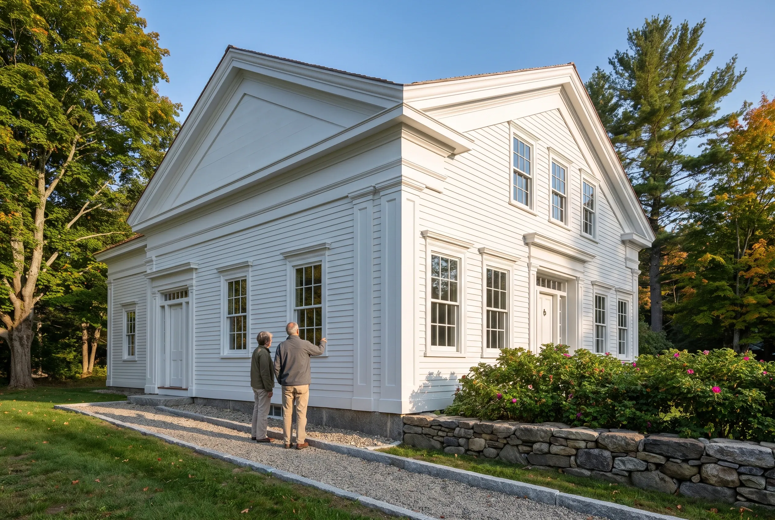 White colonial home in Kennebunk, ME: Two people stand on gravel pathway viewing a white-sided house with gabled roof, multiple windows with dark trim, and stone foundation wall, surrounded by trees.