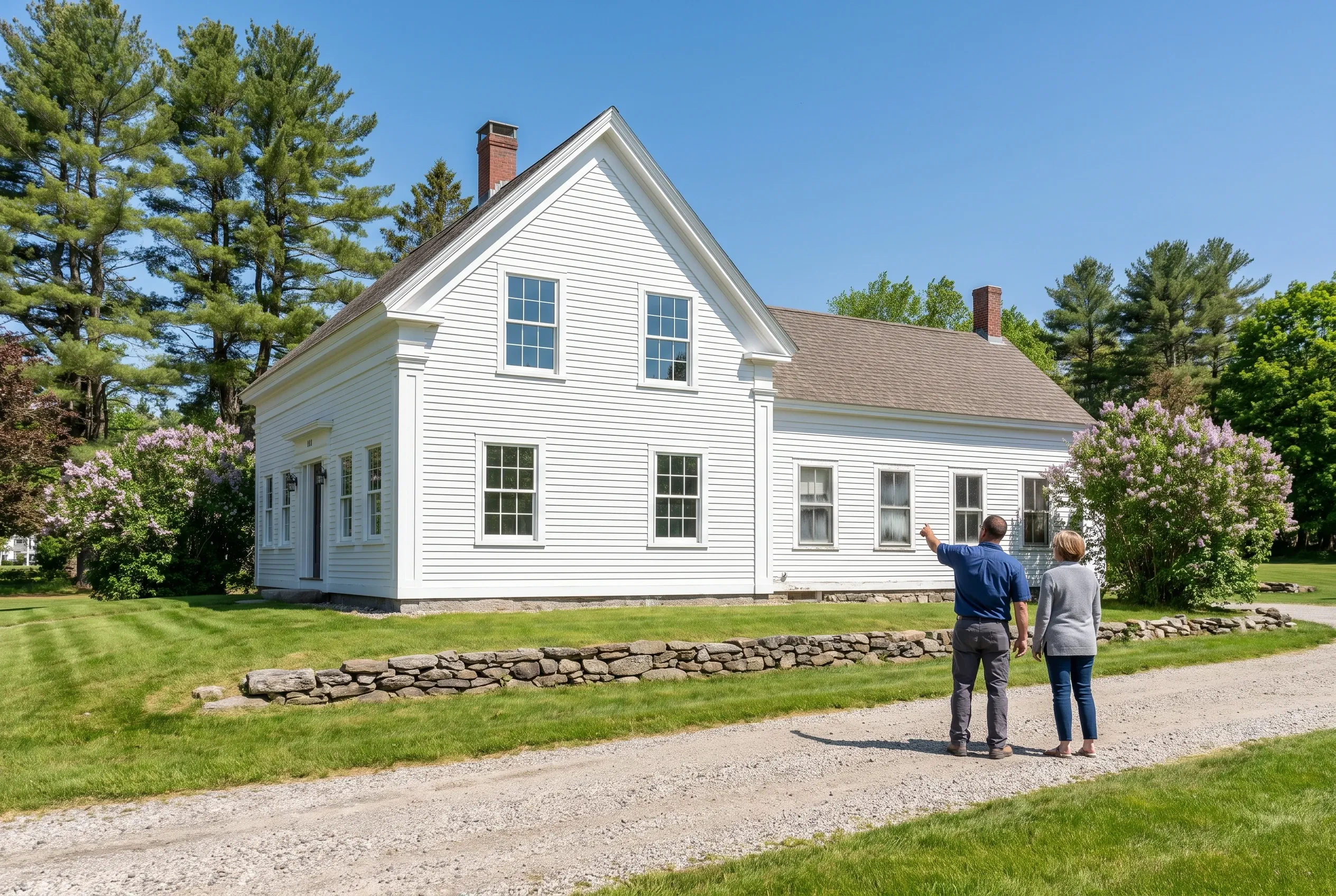 White colonial home in Kennebunk Maine: Two people stand on a gravel driveway viewing a white-sided house with dark roof, stone foundation, and shuttered windows surrounded by blooming lilacs and evergreen trees.
