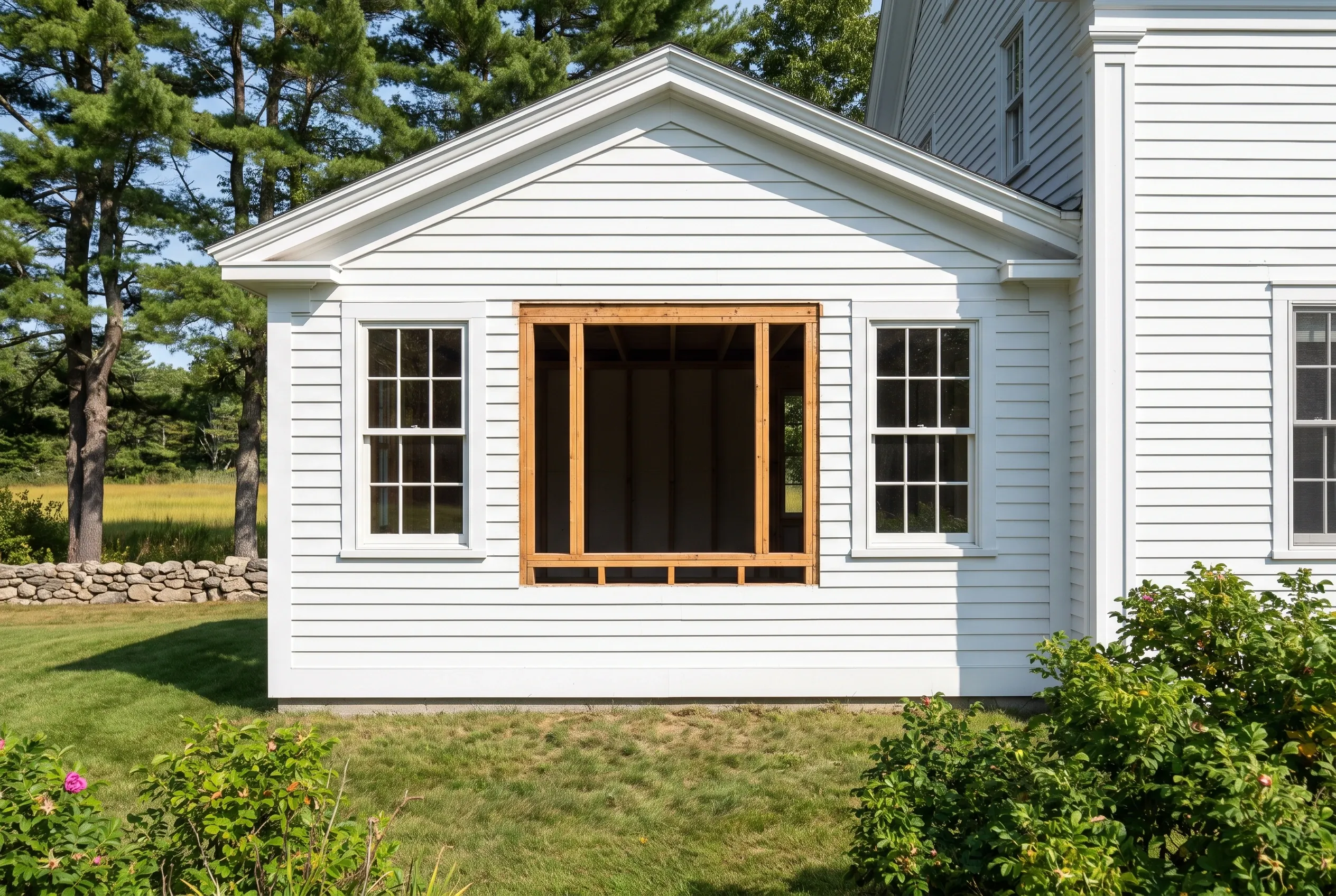 White house addition in Kennebunk, ME: Single-story white vinyl-sided addition with gabled roof, wood-trimmed center window, flanking multi-pane windows, manicured lawn, evergreen trees and shrubs visible.