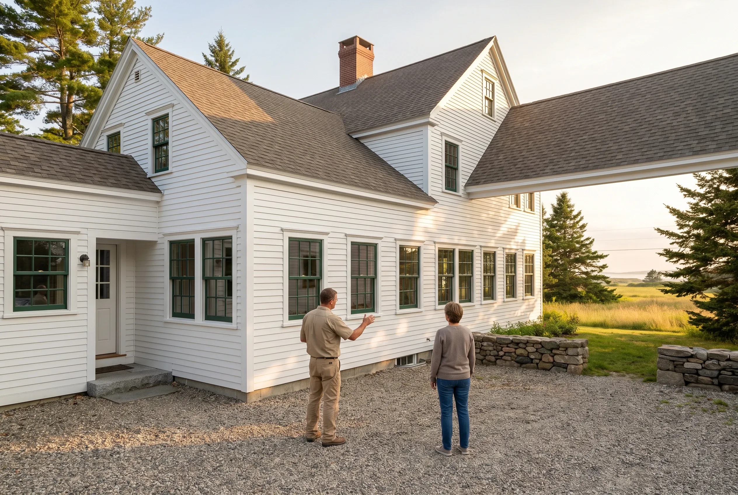 White farmhouse in Kennebunk, Maine: Two people stand in gravel driveway viewing white-sided house with dark roof, multiple windows, brick chimney, and evergreen trees nearby.