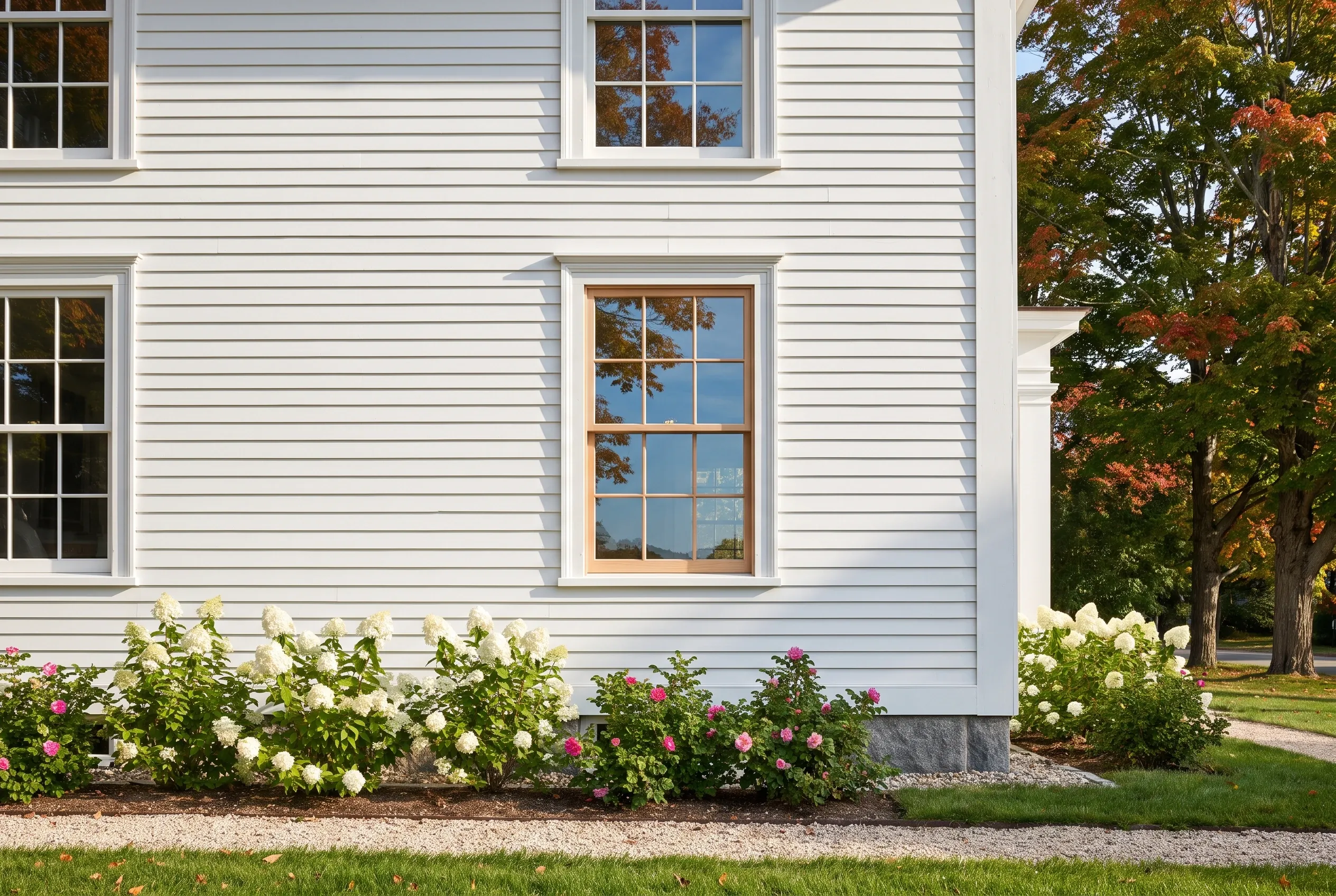 White colonial home in Kennebunk Maine: Two-story white vinyl-sided house with wood-trimmed windows, foundation plantings of white and pink hydrangeas, autumn trees visible to the right.