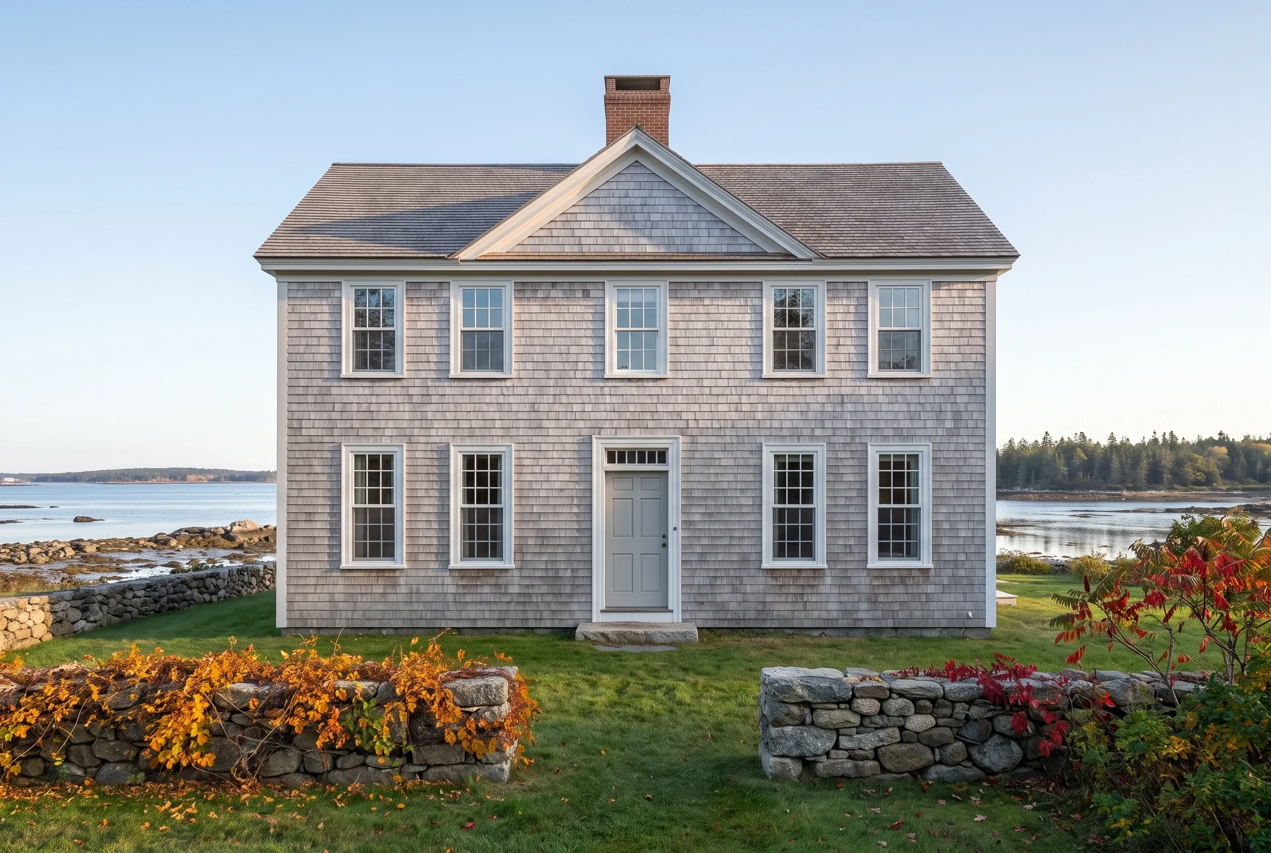 Coastal colonial home in Kittery, Maine: Two-story wood shingle house with gray-blue siding, white-trimmed windows, brick chimney, and pitched roof overlooking rocky coastline and forested peninsula.