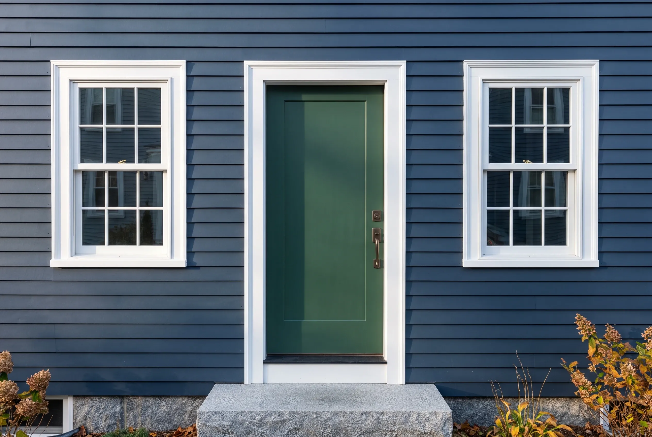 Modern home in Kittery ME: Blue horizontal siding with white trim, green entry door flanked by two white-trimmed windows with multiple panes, stone foundation, autumn foliage visible at edges.