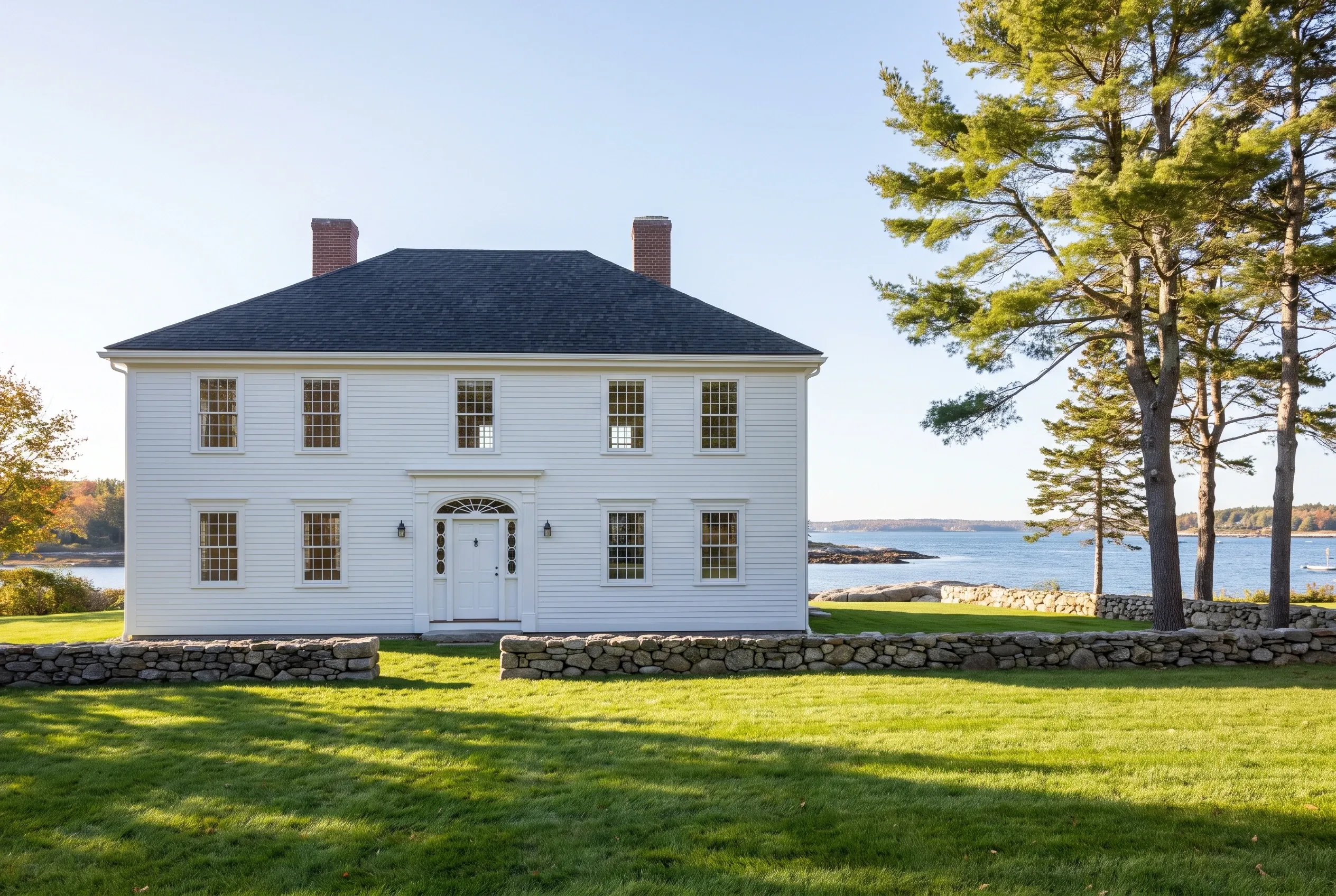 Window replacement in Kittery, ME: White colonial house with black roof, brick chimneys, multiple windows, stone foundation, waterfront setting with pine trees and water view.