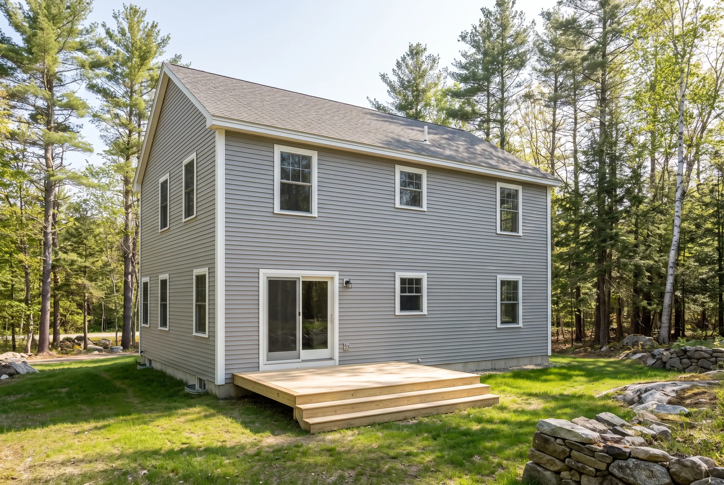 Gray vinyl-sided home in Kittery, ME: Two-story house with gray horizontal siding, white trim, and asphalt roof surrounded by evergreen trees and lawn with wooden deck.
