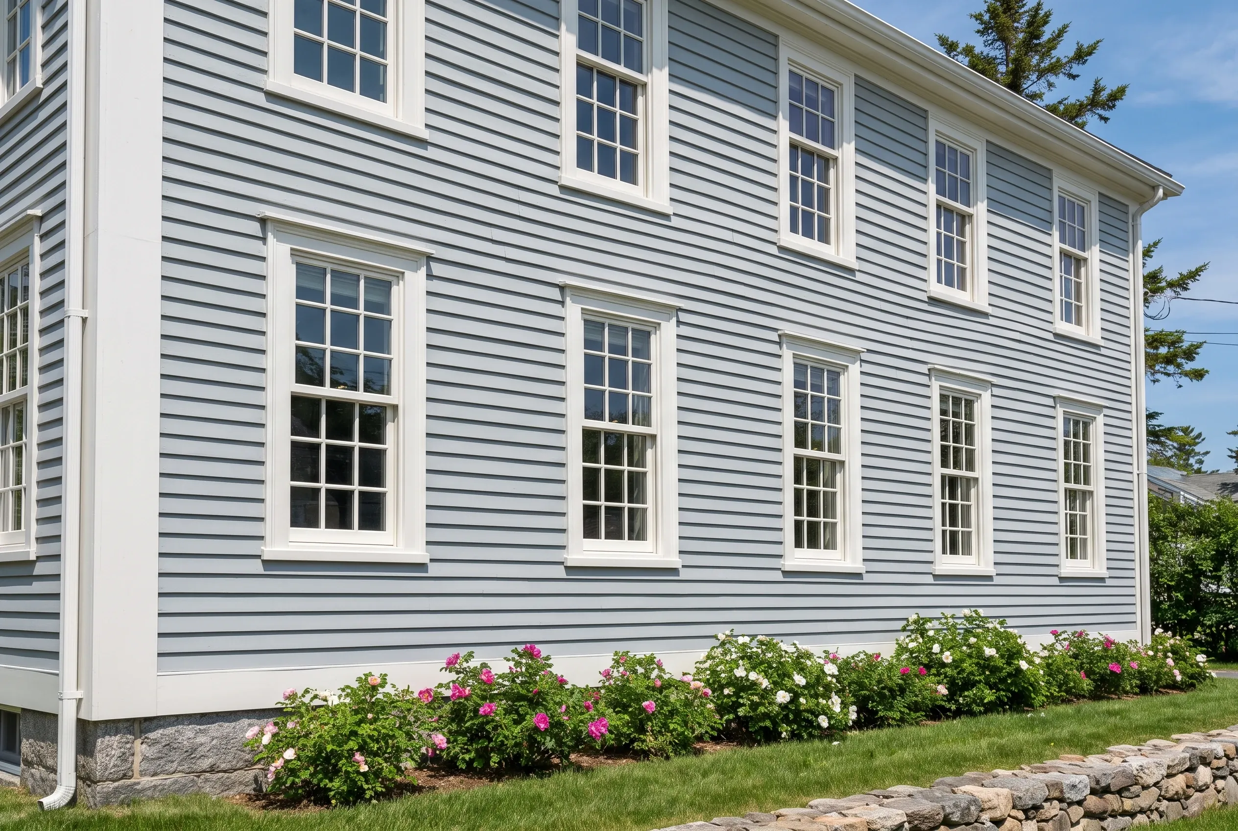 Gray and white colonial home in Kittery, Maine: Two-story house with gray horizontal siding, white-trimmed windows, and flowering shrubs along the foundation.