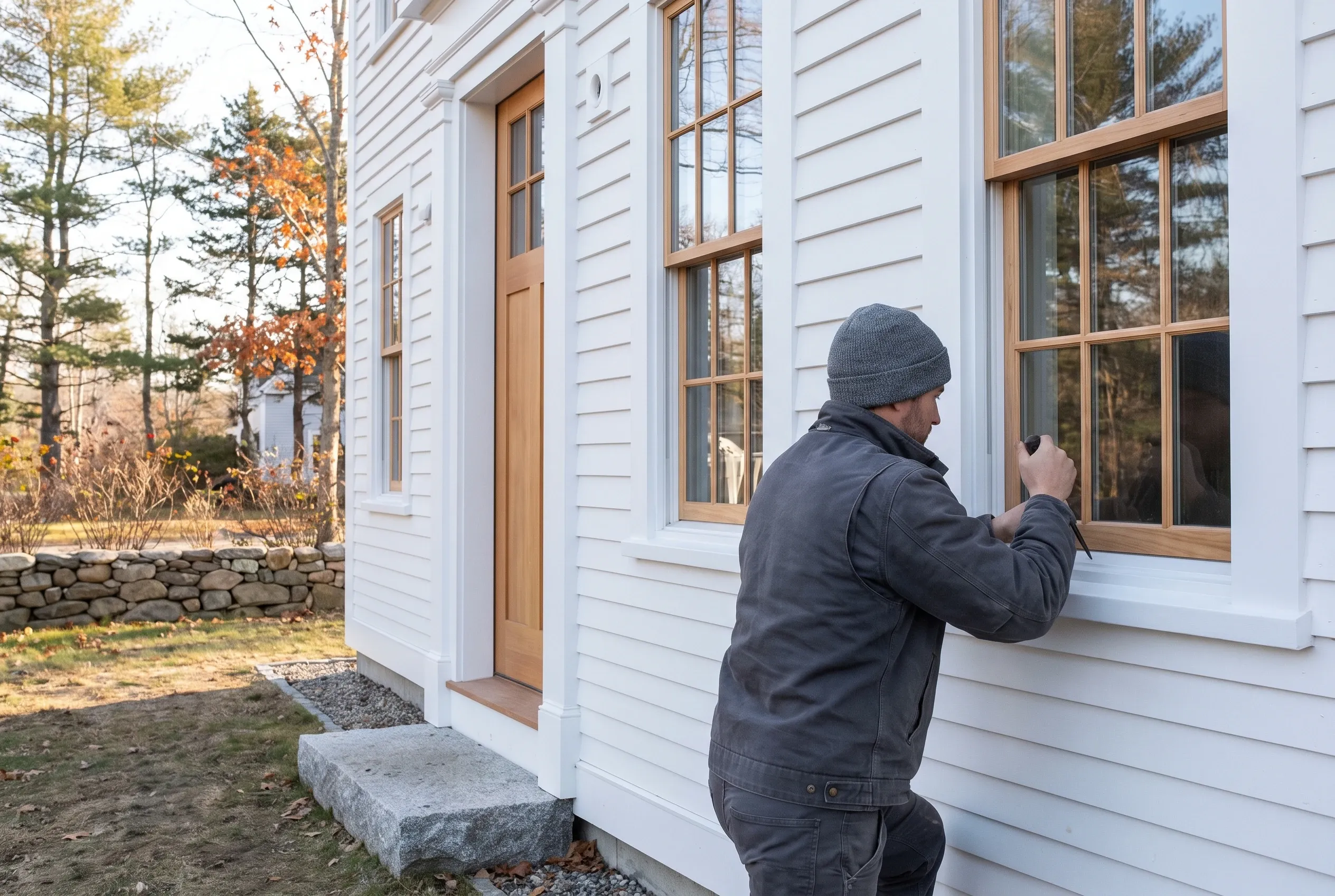 White Colonial Home Window Installation: Man in dark jacket and beanie examines large wooden-trimmed window on white horizontal-sided house with autumn trees and stone wall in background.