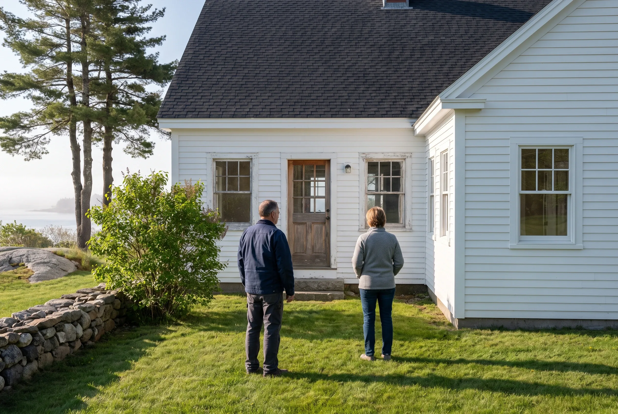 White cottage in Kittery, Maine: Two people standing in yard viewing a white-sided house with dark roof, multiple windows, and wooden door, with pine trees and water visible in background.