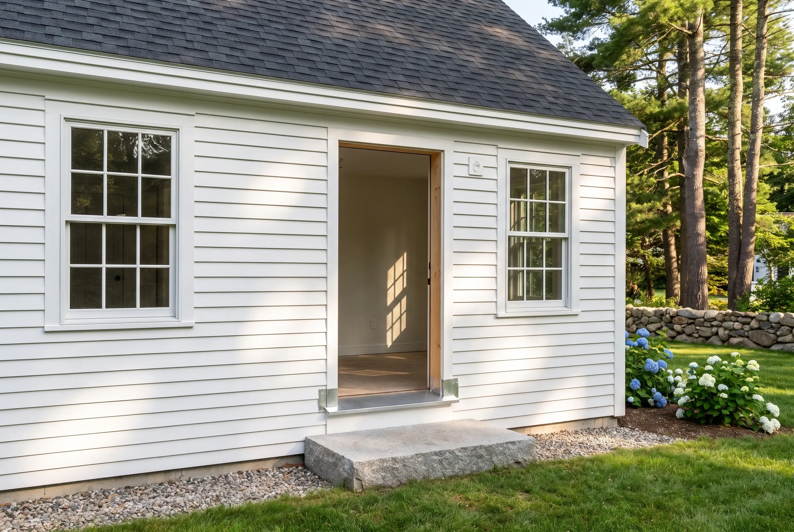 White cottage with new windows in Kittery, ME: Small white-sided cottage with dark roof, two large windows with white trim flanking a wooden door, stone step, gravel and grass landscaping, evergreen trees and flowering shrubs nearby.