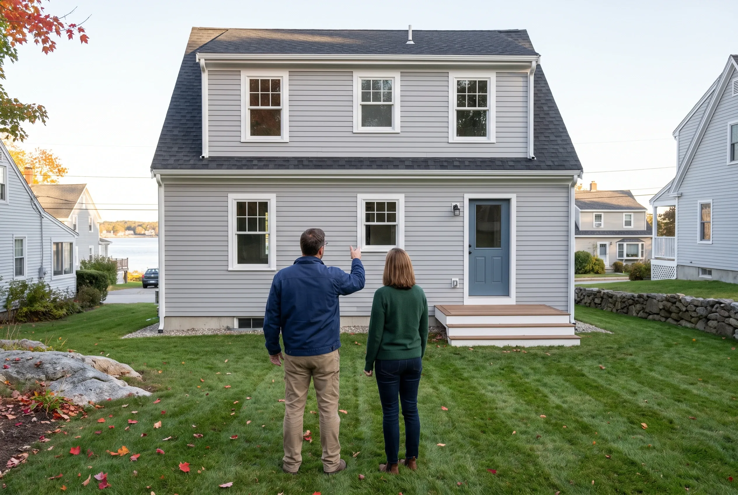 New England Colonial in Kittery, ME: Couple standing in yard viewing two-story white vinyl-sided home with dark roof, dormer windows, blue door, and white trim.