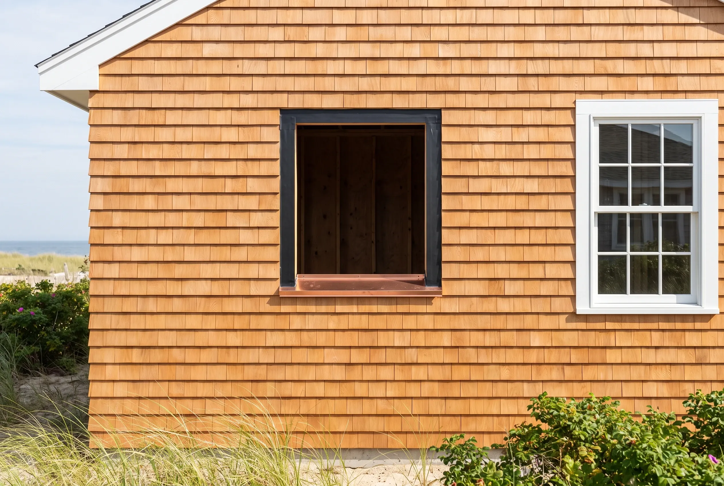 Beach cottage with cedar shingle siding: A single-story cottage with golden-brown cedar shingle siding, white-trimmed windows, and a dark-framed window, set near beach grass and dunes in Old Orchard Beach, Maine.
