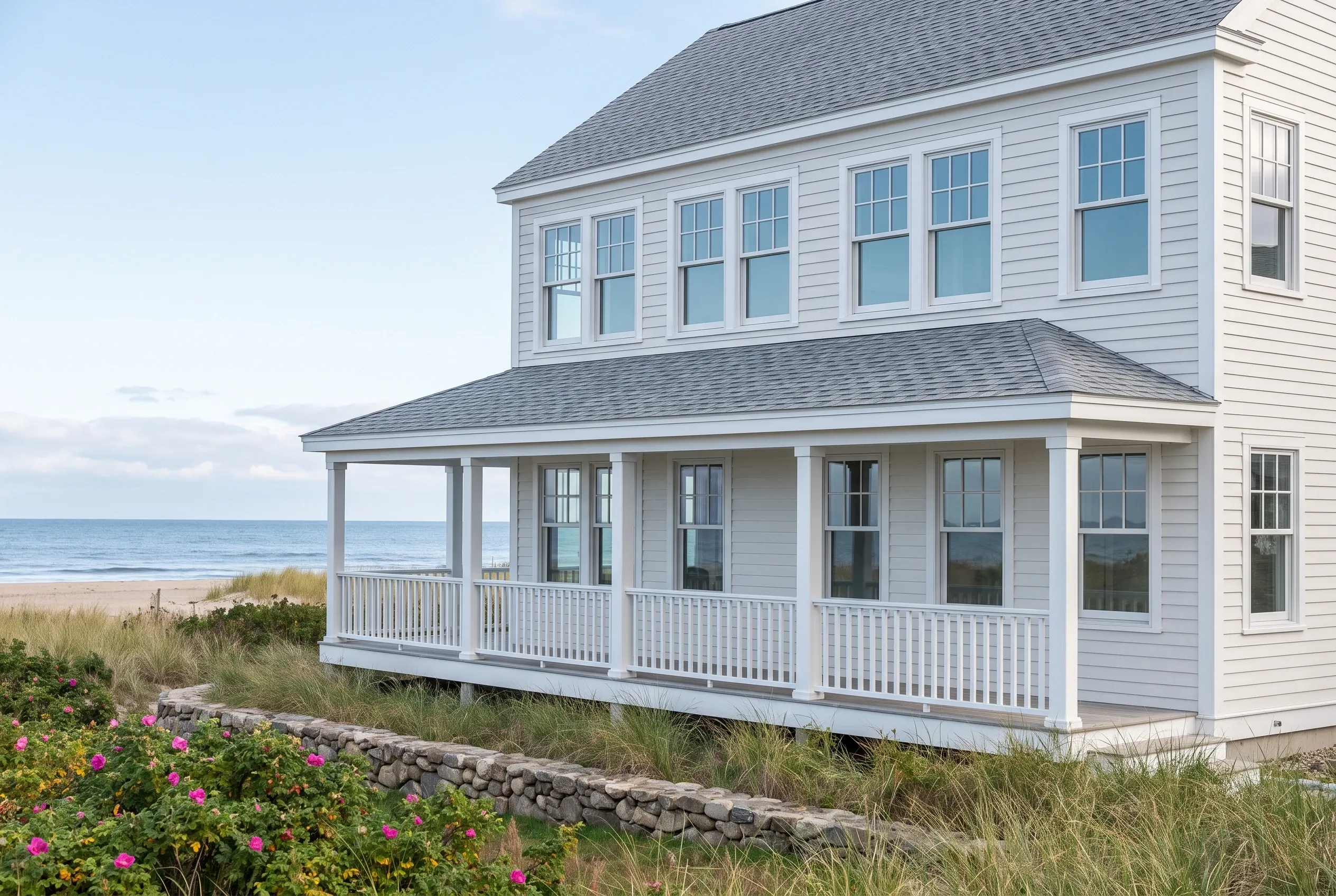 Beachfront colonial home in Old Orchard Beach, ME: Two-story white vinyl-sided house with gray roof, white trim, and expansive covered porch with white railings overlooking beach and dune grasses.